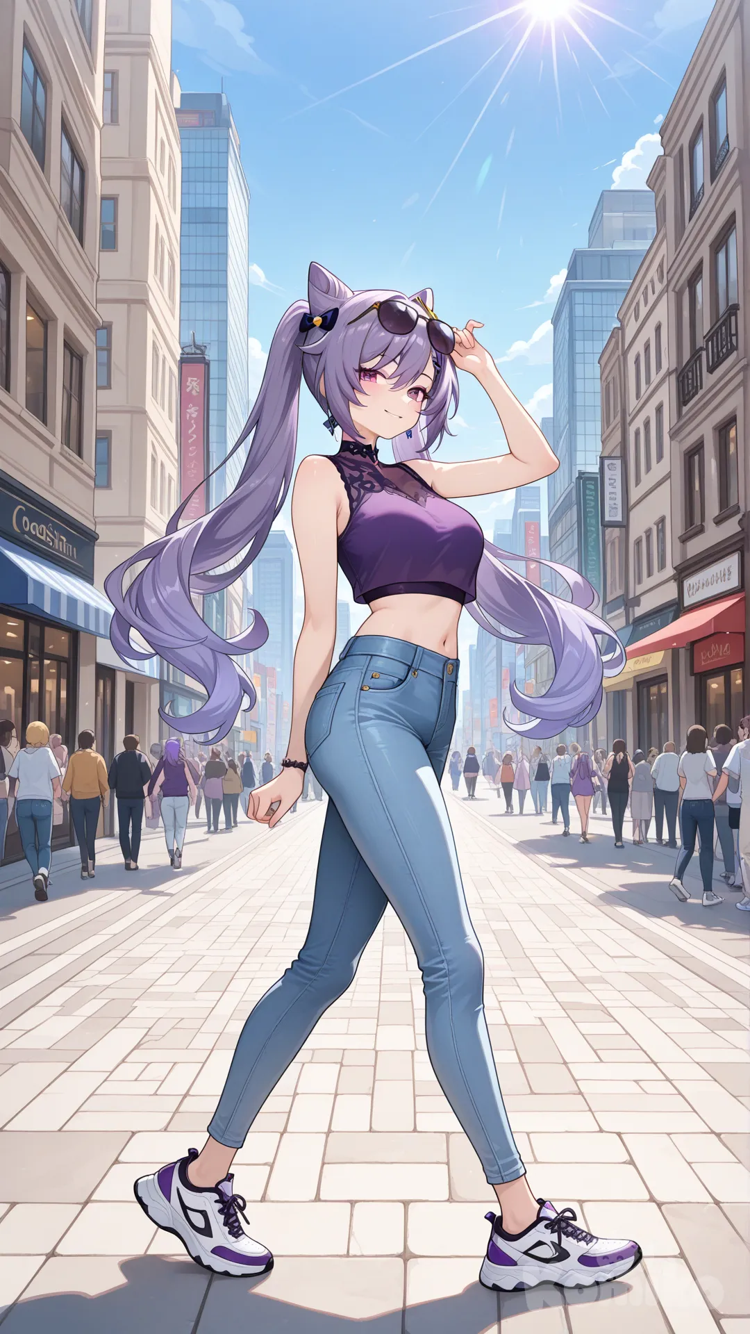 @Keqing_(Genshin_Impact) cool big sister style

 #looking at viewer 

#side view 

# upper body (Focus on the upper body, from the waist up.)

#cool post #funny

, A thin violet crop top., jeans, running shoes, sun glasses

relax , Taking a stroll, walking on a sidewalk , on a sunnyday , in the shopping sreet in capital city.