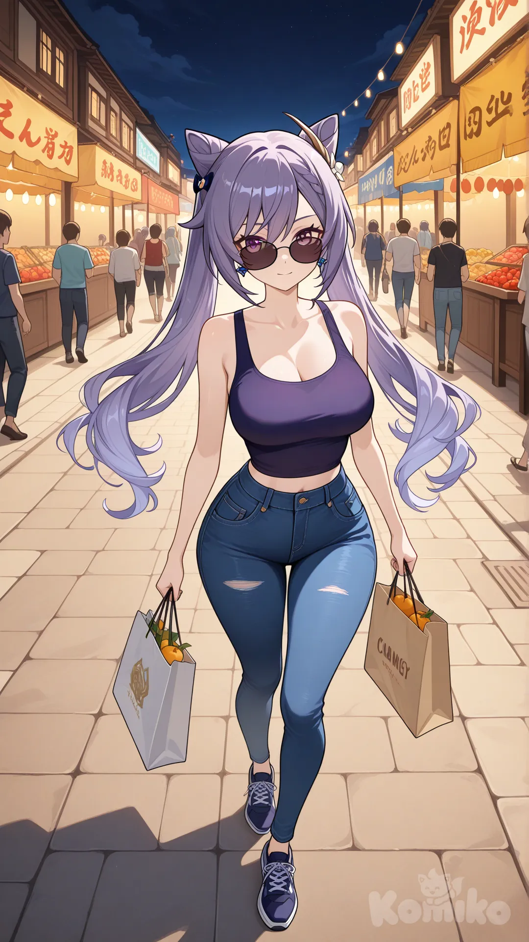 @Keqing_(Genshin_Impact) cool big sister style

#big sister style , Very good figure , 

#side view 

 # upper body (Focus on the upper body, from the waist up.)

#looking at viewer #full body#, up view , #full body ,from above , day , funny , relaxed, anime style , 

#cool post

,deep sea blue Thin Cropped tank top , jeans , deep sea blue running shoes , sun glasses

relax , Taking a stroll, walking on a sidewalk , on a midnight sunnyday , in the sreet in night market , It has a view of the sea and beach as a backdrop

She is now strolling through the night market, amidst the crowds, carrying a bag full of berry in her hands.