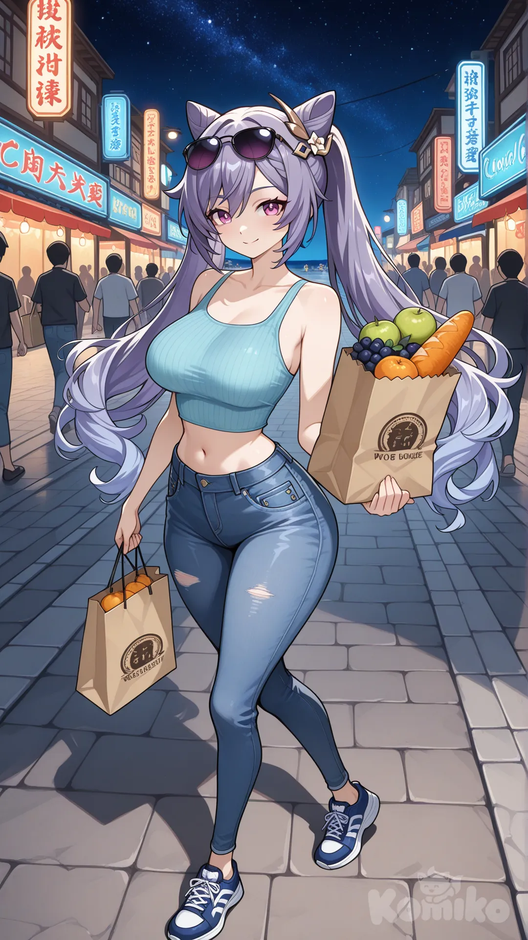 @Keqing_(Genshin_Impact) cool big sister style

#big sister style , Very good figure , 

#side view 

 # upper body (Focus on the upper body, from the waist up.)

#looking at viewer #full body#, up view , #full body ,from above , day , funny , relaxed, anime style , 

#cool post

,deep sea blue Thin Cropped tank top , jeans , deep sea blue running shoes , sun glasses

relax , Taking a stroll, walking on a sidewalk , on a midnight sunnyday , in the sreet in night market , It has a view of the sea and beach as a backdrop

She is now strolling through the night market, amidst the crowds, carrying a bag full of berry in her hands.