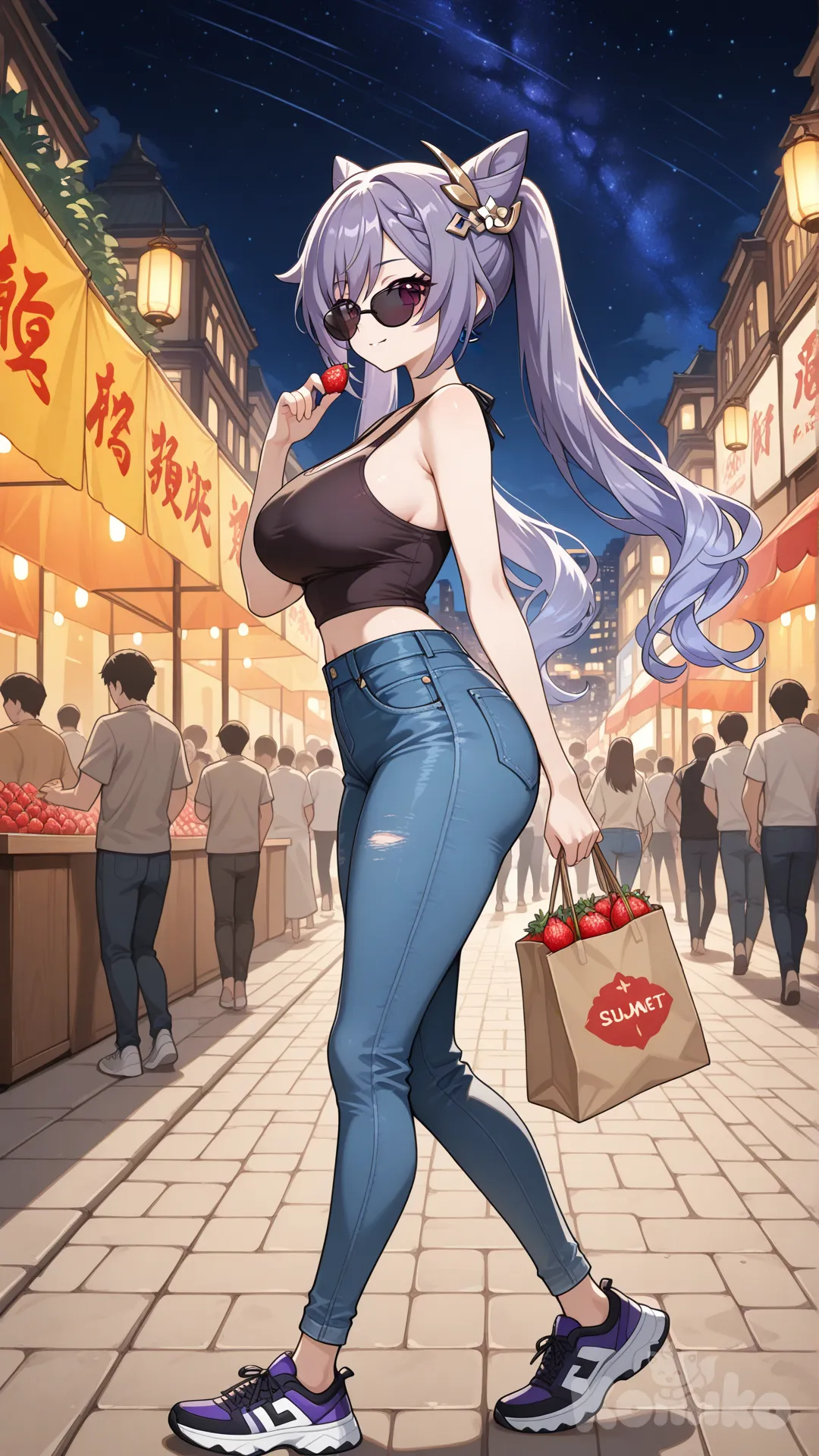 @Keqing_(Genshin_Impact) cool big sister style

#big sister style , Very good figure , 

#side view 

 # upper body (Focus on the upper body, from the waist up.)

#looking at viewer #full body#, up view , #full body ,from above , day , funny , relaxed, anime style , 

#cool post

,darkviolet Thin Cropped tank top , jeans , deep sea blue running shoes , sun glasses

relax , Taking a stroll, walking on a sidewalk , on a midnight sunnyday , in the sreet in night market , It has a view of the sea and beach as a backdrop

She is now strolling through the night market, amidst the crowds, carrying a bag full of berry in her hands.