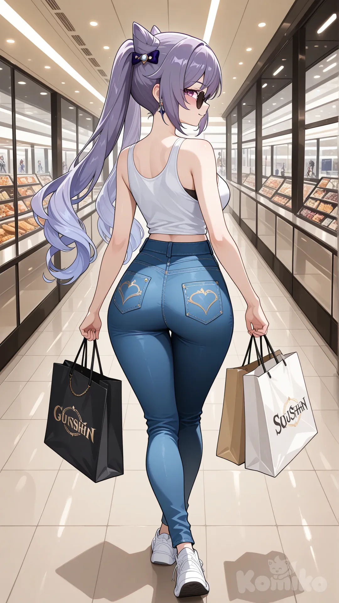 @Keqing_(Genshin_Impact) cool big sister style 

#big sister style , good figure , 

#side view 

 # upper body (Focus on the upper body, from the waist up.)

#looking at viewer #full body#, up view , #full body ,from above , day , funny , relaxed, anime style , 

#cool post

, white Thin tank top, jeans, running shoes, sun glasses

relax , Taking a stroll, walking on a sidewalk , on a midnight sunnyday , in the shopping mall carrying a bag full of a brand name clothes in her hands., I