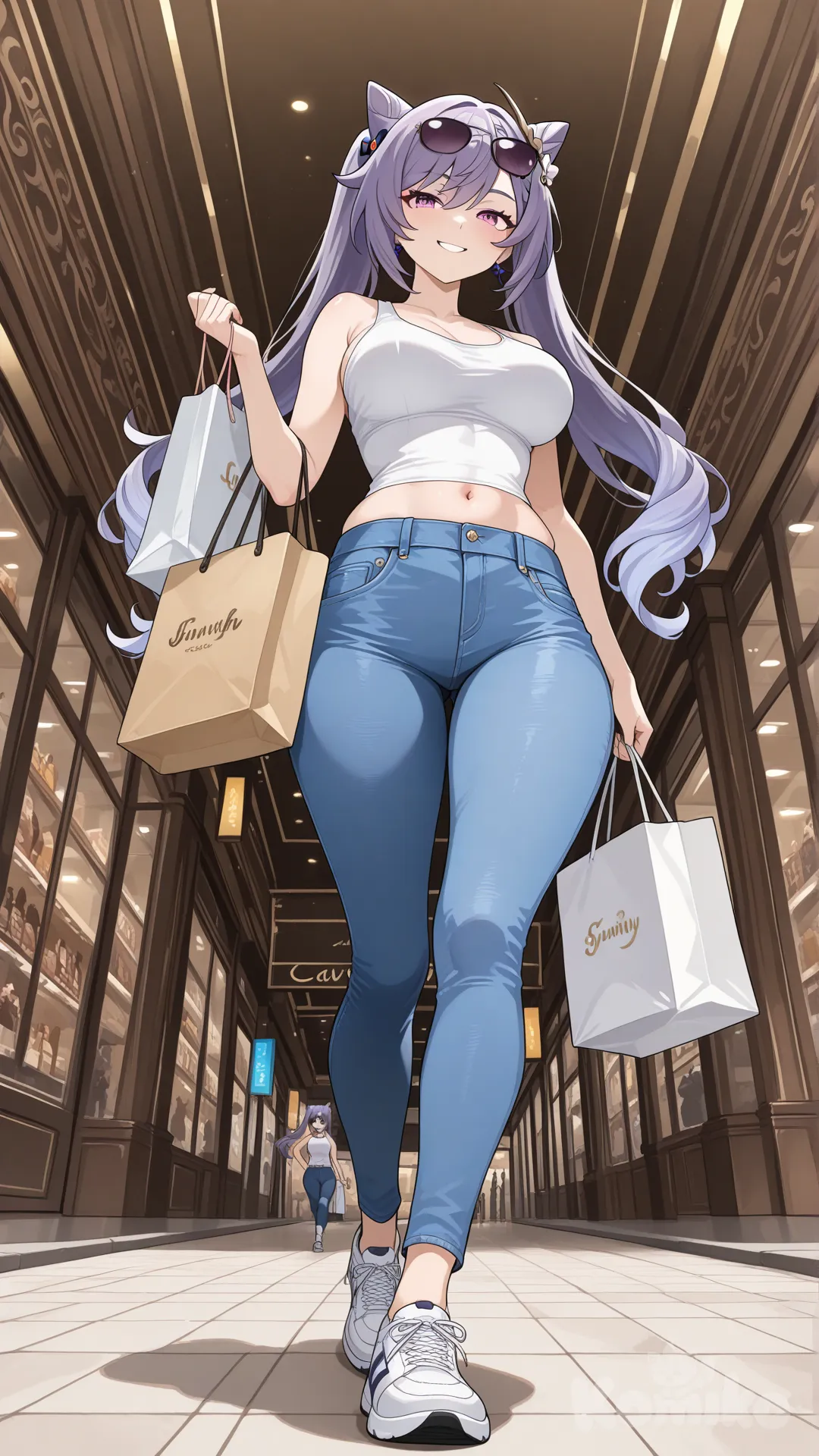 @Keqing_(Genshin_Impact) cool big sister style 

#big sister style , good figure , 

#side view 

 # upper body (Focus on the upper body, from the waist up.)

#looking at viewer #full body#, up view , #full body ,from above , day , funny , relaxed, anime style , 

#cool post

, white Thin tank top, jeans, running shoes, sun glasses

relax , Taking a stroll, walking on a sidewalk , on a midnight sunnyday , in the shopping mall carrying a bag full of a brand name clothes in her hands., I