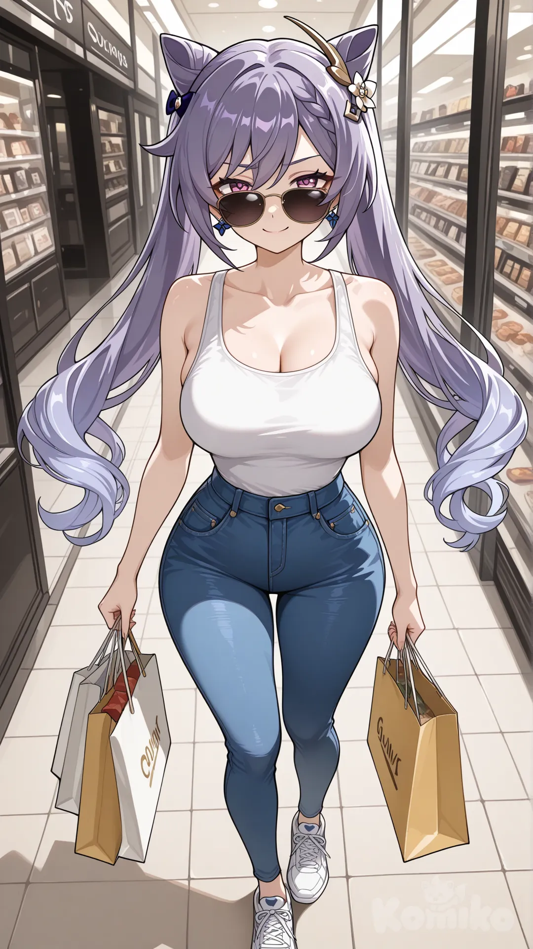 @Keqing_(Genshin_Impact) cool big sister style 

#big sister style , good figure , 

#side view 

 # upper body (Focus on the upper body, from the waist up.)

#looking at viewer #full body#, up view , #full body ,from above , day , funny , relaxed, anime style , 

#cool post

, white Thin tank top, jeans, running shoes, sun glasses

relax , Taking a stroll, walking on a sidewalk , on a midnight sunnyday , in the shopping mall carrying a bag full of a brand name clothes in her hands., I