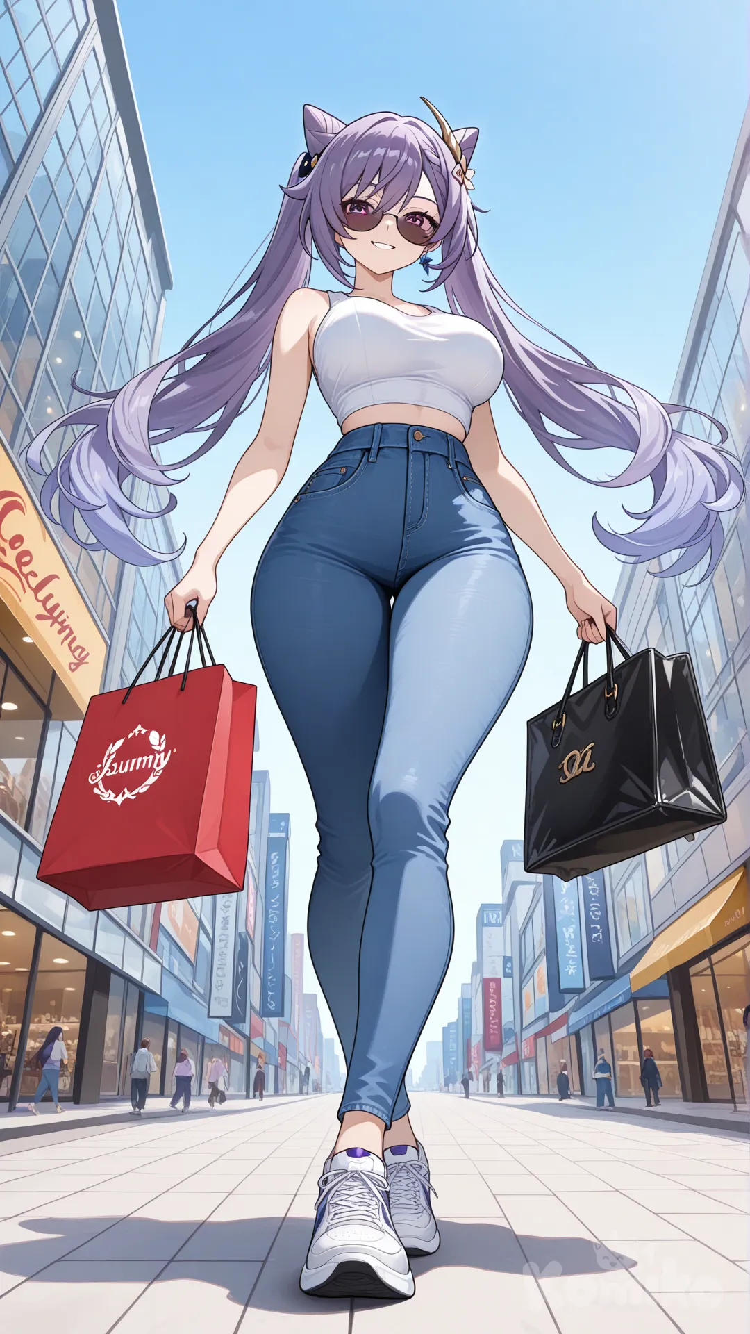 @Keqing_(Genshin_Impact) cool big sister style 

#big sister style , good figure , 

#side view 

 # upper body (Focus on the upper body, from the waist up.)

#looking at viewer #full body#, up view , #full body ,from above , day , funny , relaxed, anime style , 

#cool post

, white Thin tank top, jeans, running shoes, sun glasses

relax , Taking a stroll, walking on a sidewalk , on a midnight sunnyday , in the shopping mall carrying a bag full of a brand name clothes in her hands., I