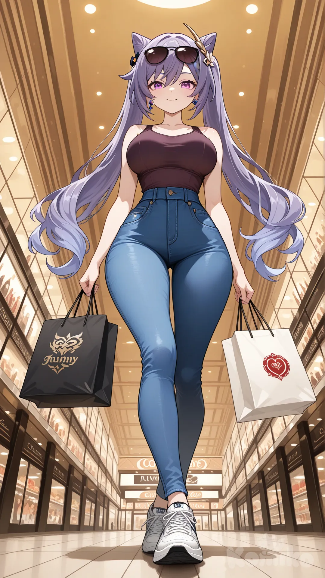 @Keqing_(Genshin_Impact) cool big sister style 

#big sister style , good figure , 

#side view 

 # upper body (Focus on the upper body, from the waist up.)

#looking at viewer #full body#, up view , #full body ,from above , day , funny , relaxed, anime style , 

#cool post

, dark violet Thin tank top, jeans, running shoes, sun glasses

relax , Taking a stroll, walking on a sidewalk , on a midnight sunnyday , in the shopping mall carrying a bag full of a brand name clothes in her hands., I