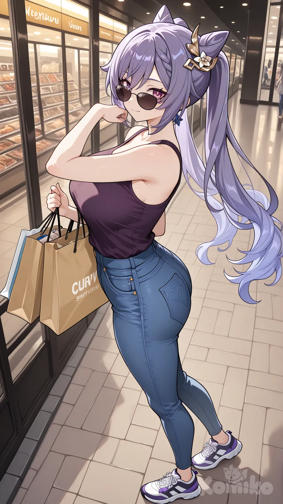 @Keqing_(Genshin_Impact) cool big sister style 

#big sister style , good figure , 

#side view 

 # upper body (Focus on the upper body, from the waist up.)

#looking at viewer #full body#, up view , #full body ,from above , day , funny , relaxed, anime style , 

#cool post

, dark violet Thin tank top, jeans, running shoes, sun glasses

relax , Taking a stroll, walking on a sidewalk , on a midnight sunnyday , in the shopping mall carrying a bag full of a brand name clothes in her hands., I