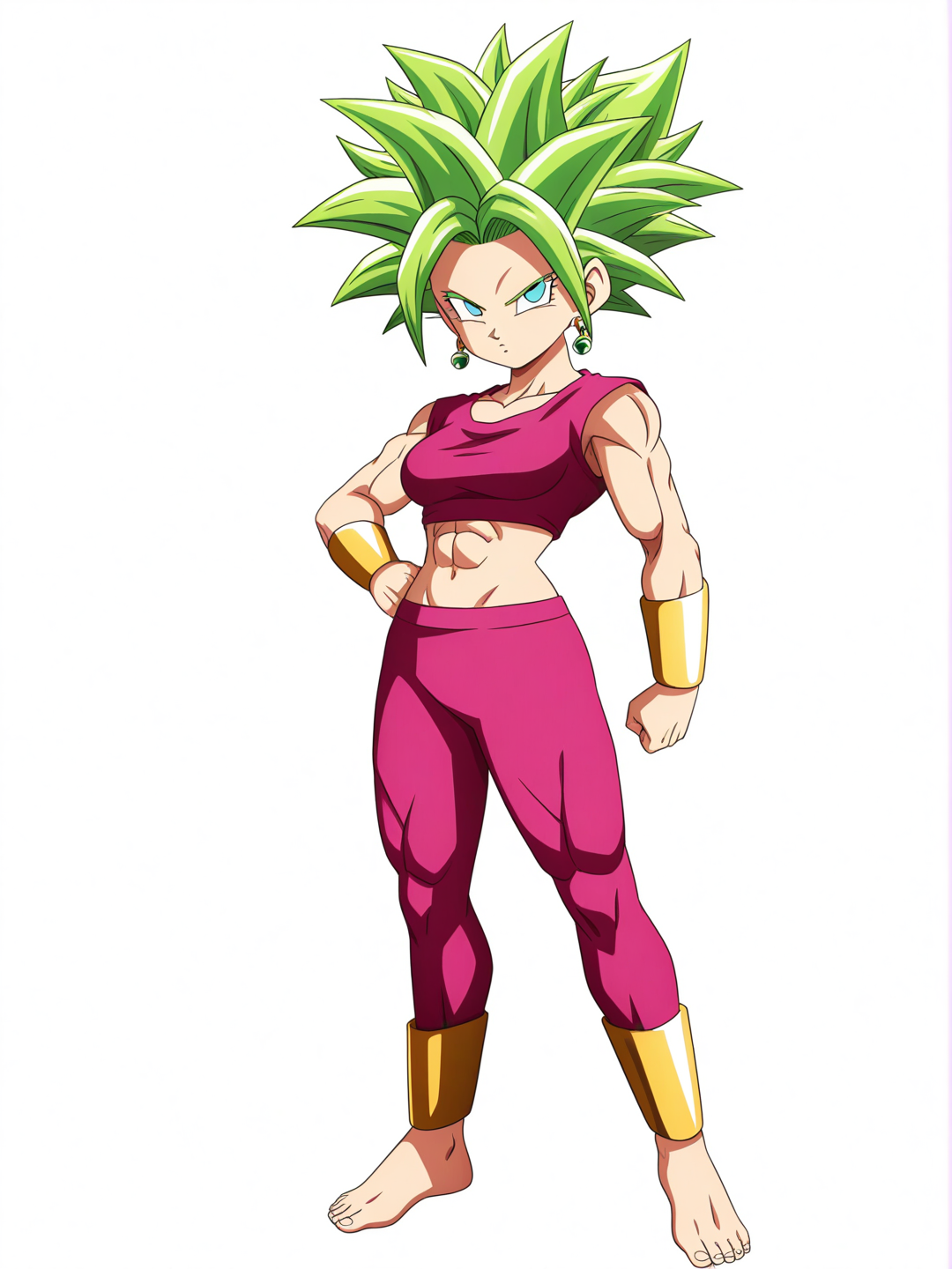 [pop-anime-style] 1girl, kefla, dragon_ball_super, green_hair, spiky_hair, aqua_eyes, muscular, red_crop_top, pink_crop_top, red_leggings, pink_leggings, gold_bracelets, barefoot, single character, full body, looking at viewer, anime style, simple background, white background