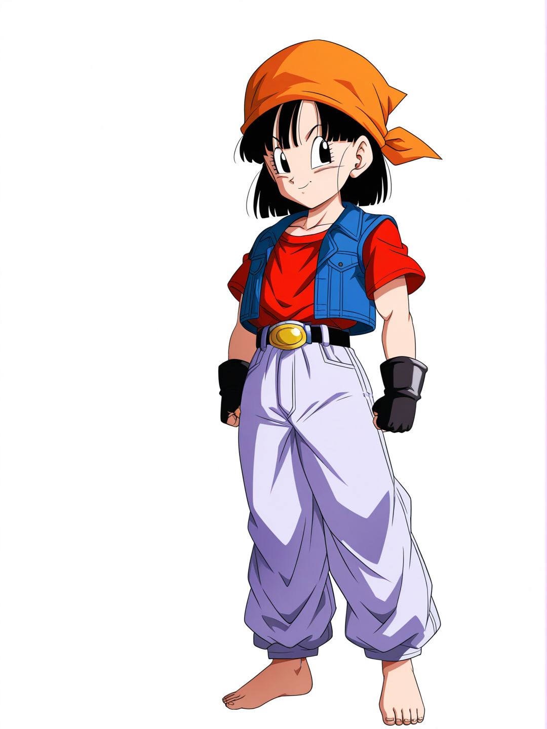 [pop-anime-style] 1girl, pan_(dragon_ball_gt), black_hair, hair_tie, black_eyes, small_waist, red_shirt, orange_bandana, light_blue_jeans, black_belt, black_fingerless_gloves, barefoot, single_character, full_body, looking_at_viewer, anime_style, simple_background, white_background