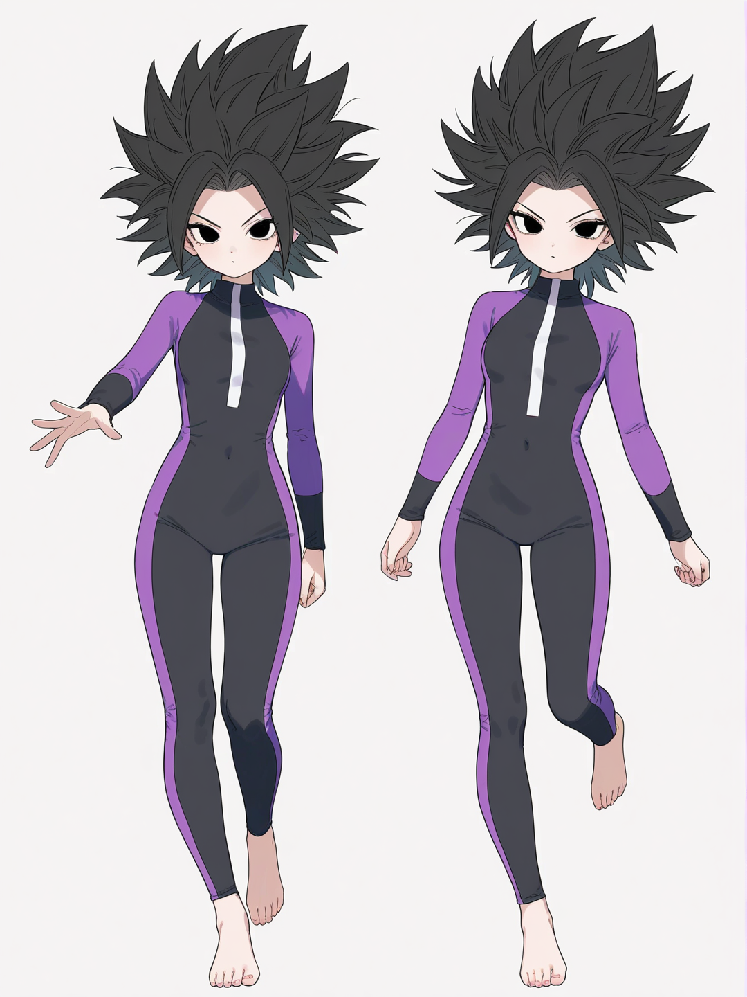 [soft-pastel-style] 1girl, caulifla, dragon ball super, black hair, black eyes, spiked hair, black_and_purple_wetsuit, black_leggings, purple_stripes, barefoot, walking, toon_shaded_style, render, single character, full body, looking at viewer, simple background, white background
