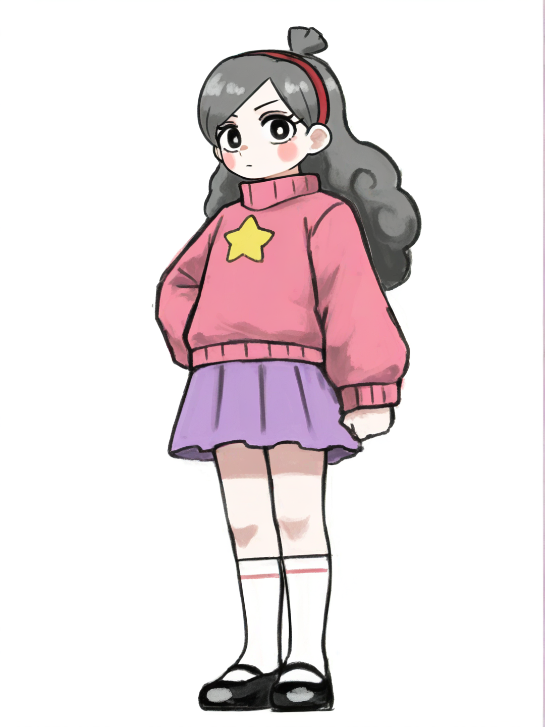 [sketchy-painterly-style] 1girl, mabel_pines, headband, pink_sweater, purple_skirt, white_socks, black_flats, single character, full body, looking at viewer, anime style, simple background, white background
