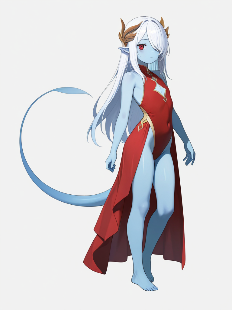 towa, hair_ornament, long_hair, white_hair, hair_over_one_eye, blue_skin, colored_skin, pointy_ears, red and black one-piece swimsuit, barefoot, single character, full body, looking at viewer, anime style, simple background, white background