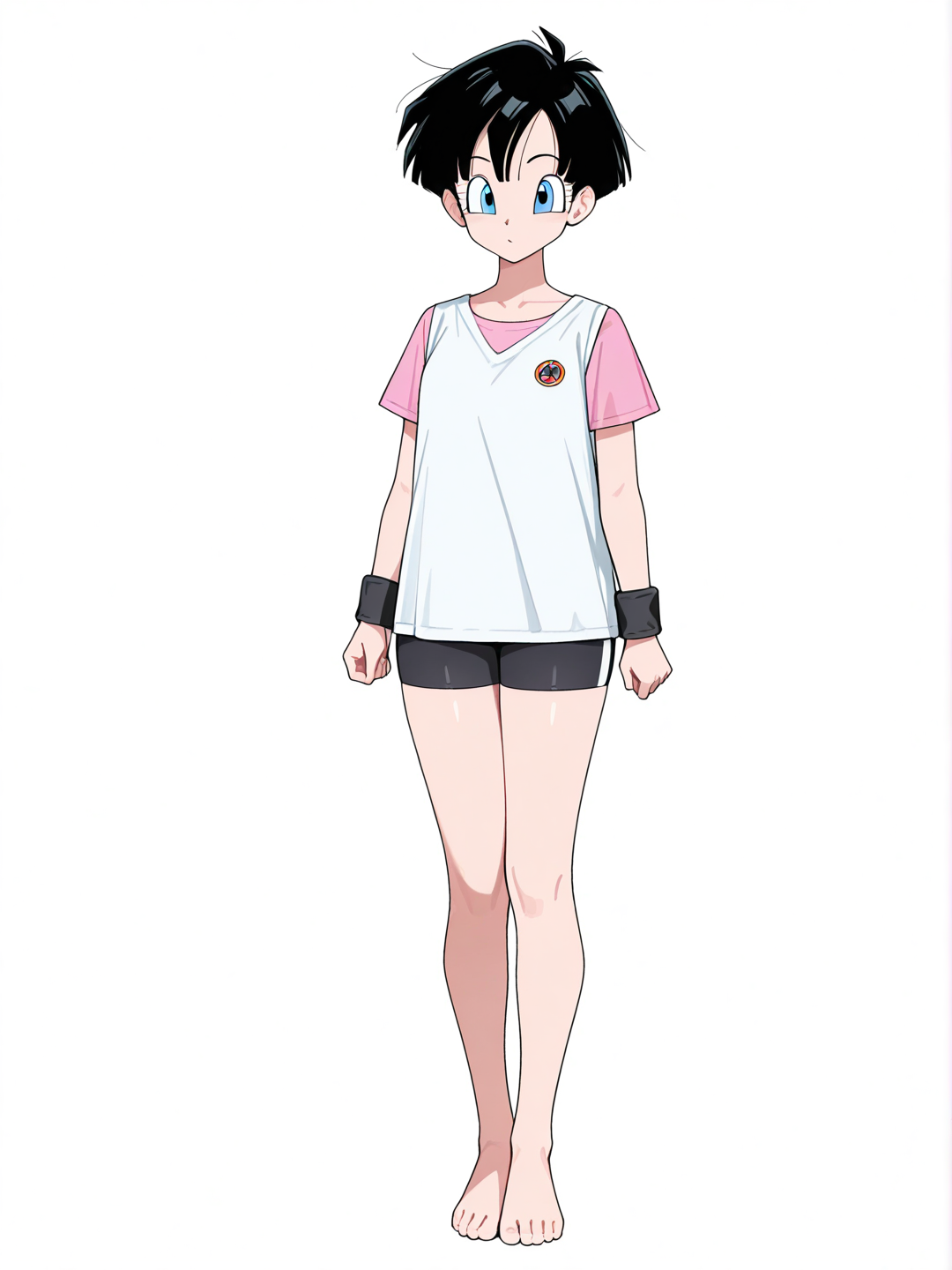 [toon-shaded-style] 1girl, videl, dragon ball z, black hair, short hair, blue eyes, pink shirt, white sleeveless loose shirt, bike shorts, barefoot, single character, full body, looking at viewer, anime style, simple background, white background