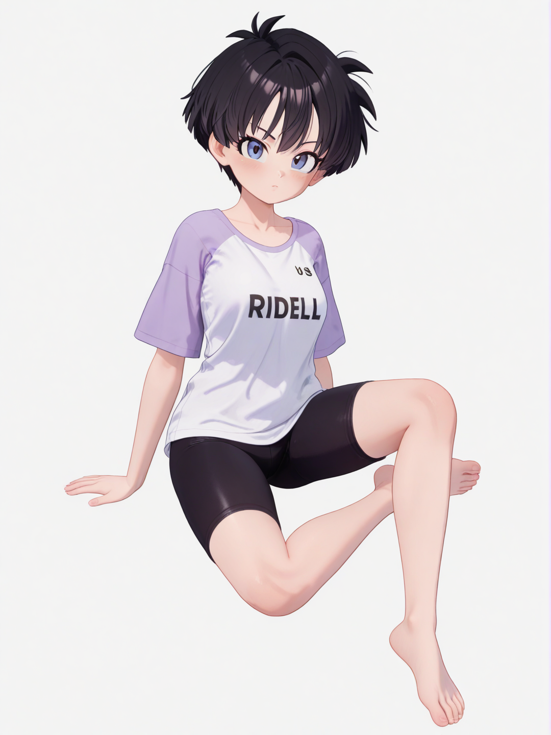 [3d-anime-style] 1girl, videl_(dragon_ball), short hair, black hair, white shirt, purple shirt, bike shorts, barefoot, solo, render, single character, full body, looking at viewer, anime style, simple background, white background