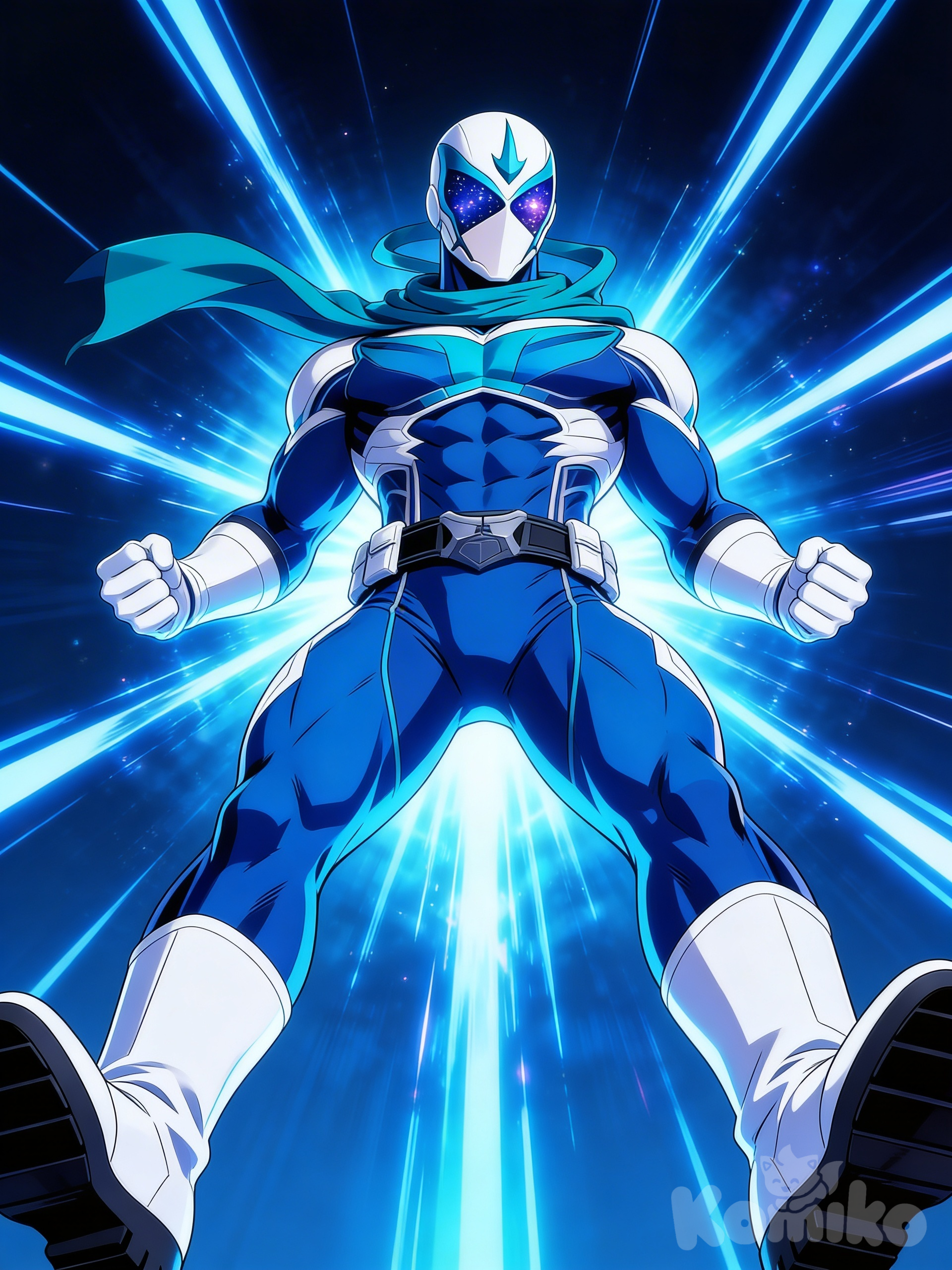 blue and white masked superhero wearing