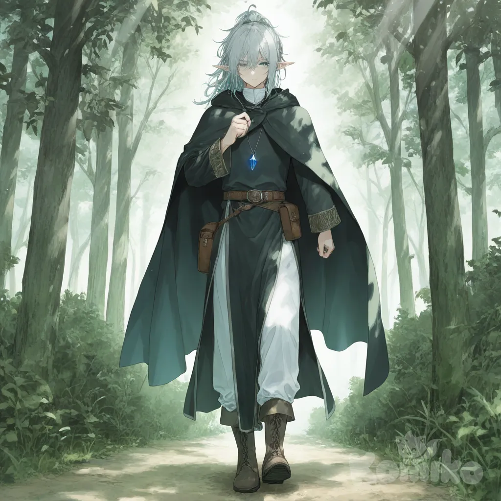Аниме парень эльф. Высокий рост. Милое лицо. длинные уши и узкие голубые глаза с зелёным оттенком. бледные растрепанные волосы собраны в хвост. Одет в одежду для авантюриста путешественника. Жрец. На спине рюкзак. На шее кулон в виде кристалла. идёт по лесу в полный рост и смотрит в сторону. стиль современное аниме, [sweet-pastel-style]