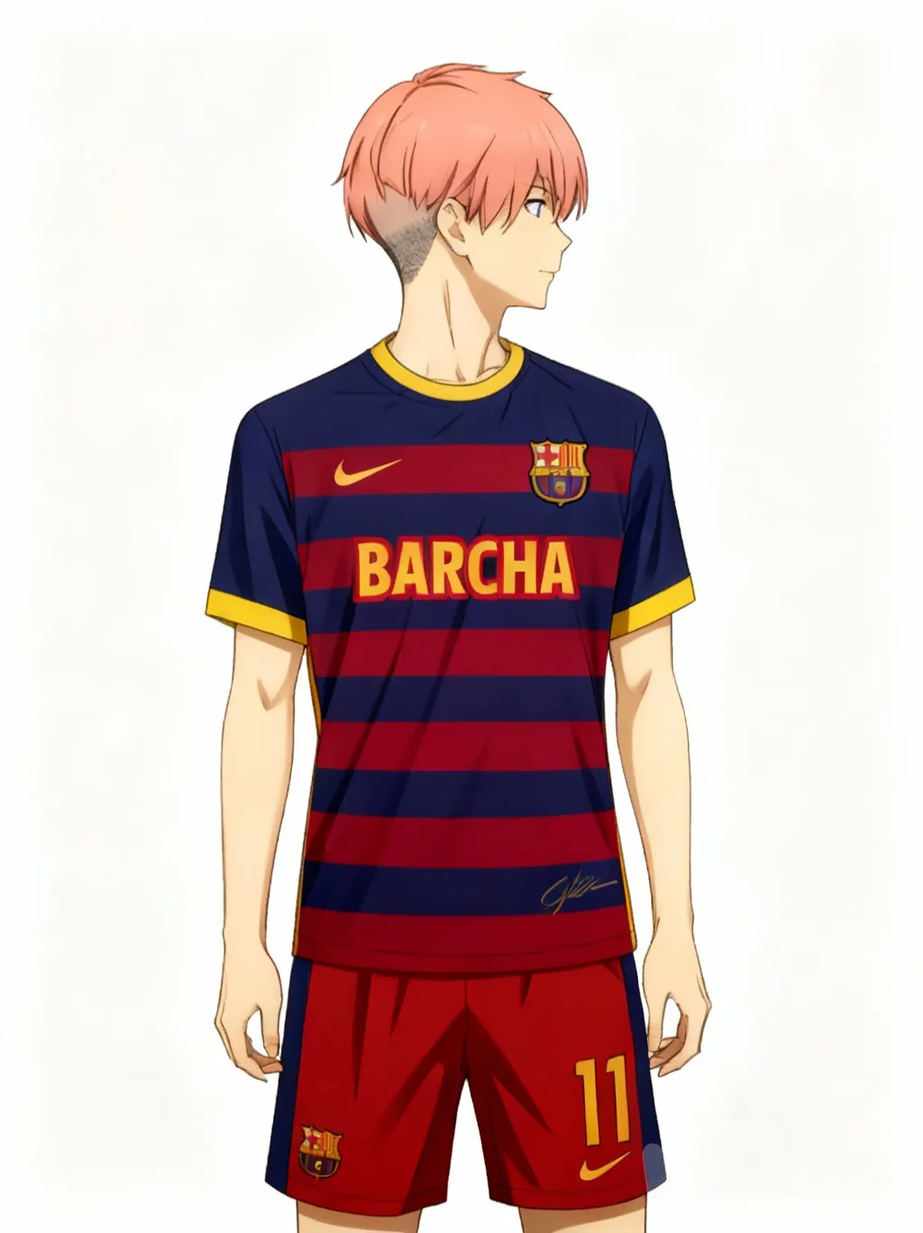 haikyuu!!, pelo de color rosa salmón con un corte Lados y nuca: degradado (fade) bajo o medio, bien difuminado, manteniendo una transición suave.
• Parte superior: cabello de longitud media con textura, peinado de forma natural o ligeramente despeinada hacia adelante o arriba.
• Frente y flequillo: corto, sin línea marcada, con un acabado natural.
• Parte superior trasera: conectada de forma suave con los lados para mantener el equilibrio del corte.
Colores principales: azul marino y rojo, con franjas horizontales alternadas.Detalles: el cuello redondo y los bordes de las mangas son amarillos. En el pecho aparece el texto “BARCHA” en letras amarillas con borde rojo. También se ve un logotipo en forma de escudo del Barcelona en la derecha y un emblema de Nike y una firma al lado izquierdo. Short: Color rojo con paneles laterales azul marino. Número 11 en la pierna derecha junto al logotipo de nike. El Escudo del Barcelona en la pierna izquierda, similar al de la camiseta.