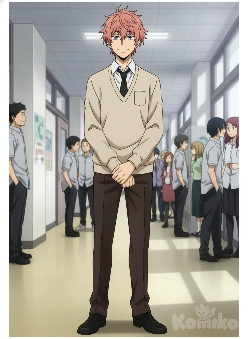 My Hero Academia,
• Parte superior: Lleva una camisa de vestir blanco con cuello clásico.
• Corbata: Negra y delgada, típica del estilo formal escolar.
• Suéter: De color beige o crema claro, con cuello en “V” que deja visible la camisa y la corbata. En el pecho, del lado izquierdo, hay un pequeño bolsillo o recuadro, posiblemente para un emblema o insignia escolar.
• Parte inferior: Pantalón de vestir color marrón oscuro, de corte recto y ajustado.
• Calzado: Aunque no se aprecia con detalle, parece llevar zapatos negros o de vestir.