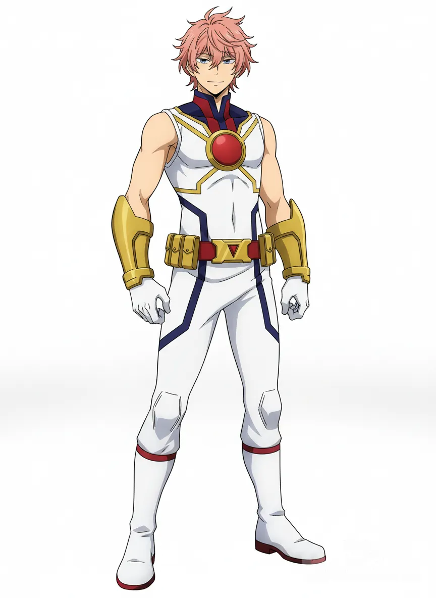 My Hero Academia, 
🔹 Parte superior
 • El traje es sin mangas, dejando los brazos completamente descubiertos.
 • La zona del torso es blanca, con líneas doradas que delimitan la forma del pecho y dan un toque elegante.
 • Sobre el pecho, destaca una pieza circular roja brillante, montada en un marco dorado en forma de “V”, que funciona como adorno central y le da un aire ceremonial.
 • El cuello es alto y rojo, ajustado, típico de uniformes formales o tecnológicos.
 • La parte superior del torso, alrededor de los hombros y cuello, incluye secciones en azul oscuro, que contrastan con el blanco.
🔹 Cintura y accesorios
 • Lleva un cinturón ancho dorado, con varios pequeños cartuchos o cápsulas colgando, dándole un look táctico o de herramientas.
 • Debajo del cinturón, unas franjas azul oscuro cruzan el abdomen formando patrones geométricos.
🔹 Guantes
 • Los guantes son blancos con detalles en azul en la zona de la palma y dedos.
 • En los antebrazos tiene protectores dorados rígidos, dándole un aspecto más heroico y defensivo.
🔹 Pantalones
 • Los pantalones son blancos y ajustados, con líneas diagonales azul oscuro que estilizan y aportan un diseño dinámico.
 • Las rodilleras son sutiles, integradas dentro del diseño.
🔹 Botas
 • Botas blancas de caña media, con suela y borde en color rojo oscuro.
 • Presentan un diseño limpio, sin demasiados adornos, pero marcados con líneas mínimas para mantener la estética del traje., anime style