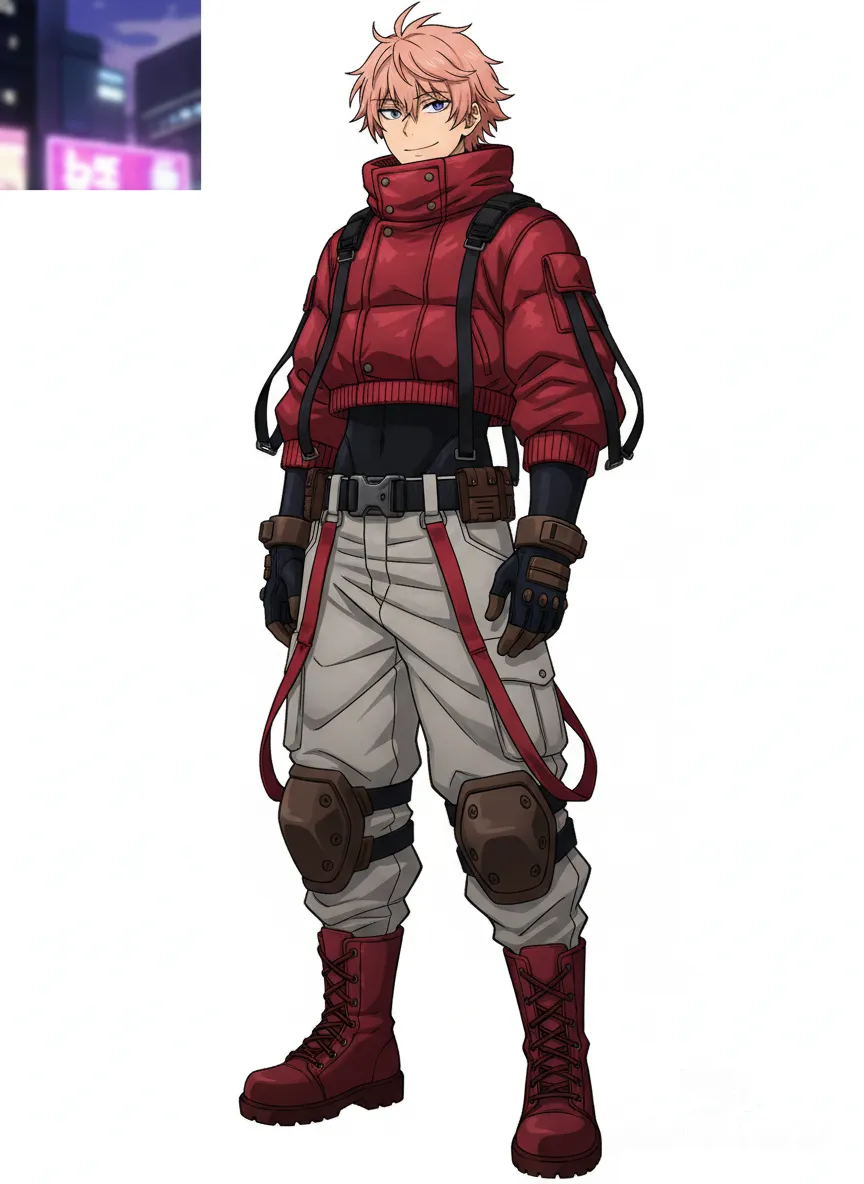 My Hero Academia,
Ojos de color Violeta
🧥 Parte superior
• Chaqueta corta acolchada (puffer jacket):
Es de color rojo oscuro/burdeos, bastante voluminosa y termina por encima de la cintura, dejando ver el torso. Tiene un diseño táctico urbano, con:
• Puños elásticos gruesos
• Costuras marcadas
• Cintas o tiras colgantes decorativas en los laterales
• Cuello alto que protege parte del cuello
Da una sensación de ropa de combate o estilo militar futurista.
• Prenda interior:
Debajo lleva un traje negro ajustado, tipo bodysuit o traje táctico, que cubre completamente los brazos, el pecho y el abdomen. Es ceñido al cuerpo, lo que contrasta con el volumen de la chaqueta.
• Guantes:
Guantes negros completos, resistentes, con apariencia de:
• Material sintético o cuero táctico
• Protección en muñecas con correas ajustables
Refuerzan la idea de un uniforme funcional y de combate.
⸻
👖 Parte inferior
• Pantalones cargo blancos/gris claro:
Son amplios, holgados y de estilo táctico/militar, con:
• Bolsillos grandes tipo cargo en los muslos
• Costuras reforzadas
• Tiras laterales colgantes en rojo
• Ajuste ligeramente más estrecho en los tobillos
El tejido parece grueso y resistente.
• Rodilleras integradas:
En ambas rodillas lleva protecciones rígidas de color marrón oscuro, claramente diseñadas para combate, caídas o misiones físicas.
• Cinturón táctico:
Negro, con hebilla resistente y múltiples sujeciones metálicas alrededor de la cintura, posiblemente para equipo, fundas o herramientas.
⸻
🥾 Calzado
• Botas de combate:
Botas altas, robustas, de color rojo oscuro a juego con la chaqueta, con:
• Cordones gruesos
• Suela pesada
• Diseño claramente militar o táctico
Ideales para terrenos difíciles o combate urbano.
, anime style