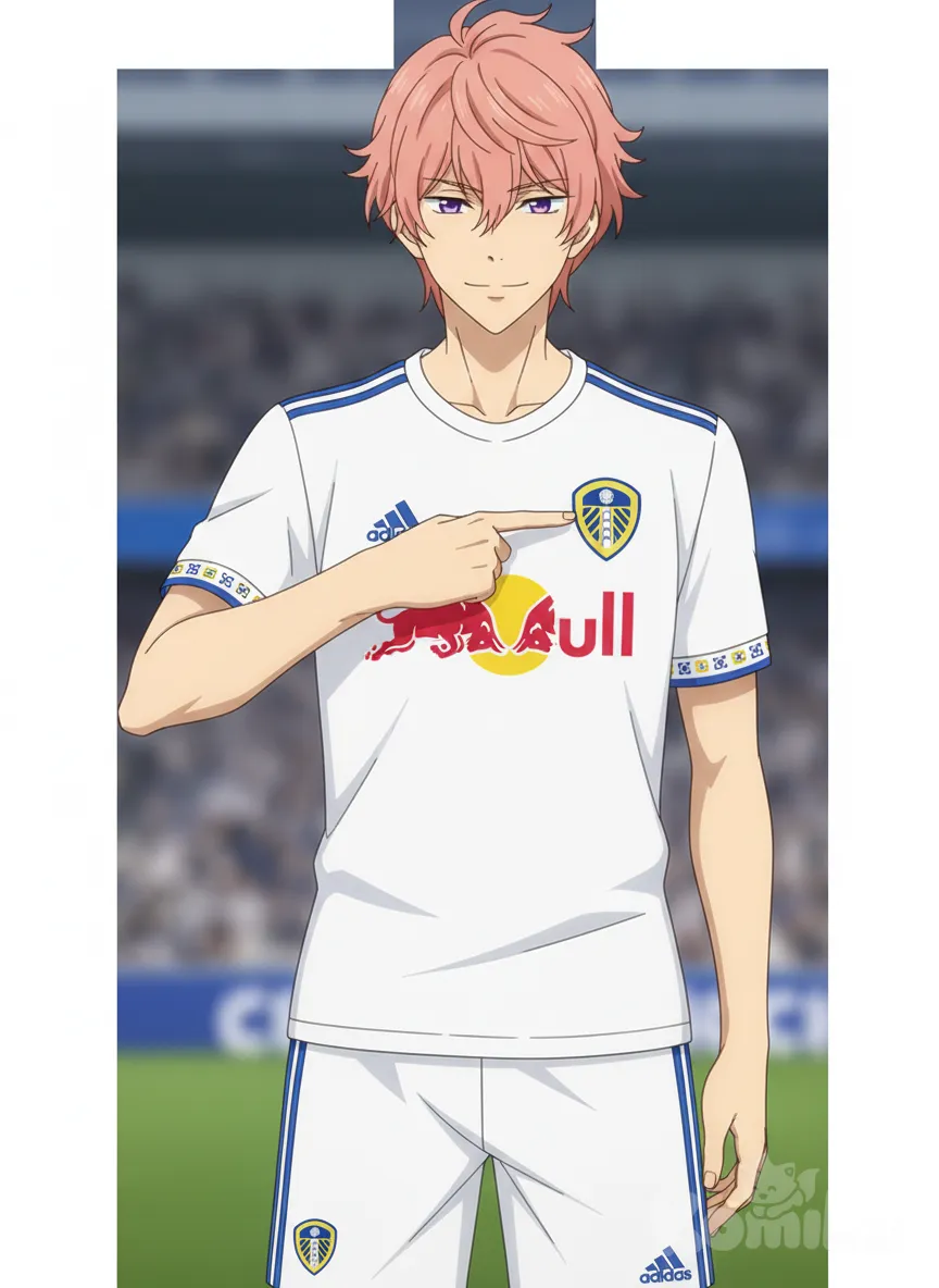 My Hero Academia, 
Ojos de color Violeta
Color principal: Blanco puro.
 • Detalles en azul:
 • Tres franjas azules recorren los hombros.
 • Un logotipo de la marca deportiva (Adidas) en el pecho derecho, también en azul.
 • Escudo del equipo:
 • El escudo del Leeds United ubicado en el pecho izquierdo.
 • Contiene tonos azul, amarillo y blanco con un diseño tipo escudo redondeado.
 • Patrocinador principal:
 • En el centro destaca el logo de Red Bull, con los dos toros rojos enfrentados sobre un círculo amarillo.
 • Mangas:
 • Cuentan con un ribete blanco y una franja con pequeños símbolos en azul y amarillo, aportando un toque distintivo.
 • Ajuste:
 • Corte slim, ceñido al cuerpo para resaltar la silueta del atleta.
 • Cuello redondo sencillo y deportivo.
Shorts
 • Color principal: Blanco uniforme, a juego con la camiseta.
 • Detalles en azul:
 • Tres líneas verticales en un lateral.
 • Logotipo Adidas cerca del borde inferior.
 • Escudo del equipo:
 • Escudo de los Leeds United ubicado en la pierna derecha, similar al de la camiseta.
Postura general: Está de pie, con el torso ligeramente girado hacia su derecha (nuestro lado izquierdo), manteniendo una expresión seria y decidida con una sonrisa.
 • Brazo y mano: Su mano derecha está levantada y señala con el dedo índice hacia su propio pecho, como enfatizando algo relacionado consigo mismo (por ejemplo, un número, un escudo o su propia identidad deportiva).
 • Mirada: Sus ojos miran directamente al frente, transmitiendo seguridad y determinación.
 • Actitud: La pose proyecta confianza, orgullo y firmeza, típica de presentaciones o sesiones fotográficas deportivas.