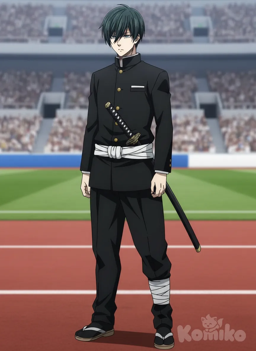 • Parte superior: Lleva un uniforme negro tipo gakuran, de corte recto y ajustado al torso. Tiene cuello alto rígido y botones dorados alineados al frente, que aportan un aire formal y militar. En el pecho se aprecia un pequeño bolsillo rectangular discreto.
 • Cinturón y arma: En la cintura usa un cinturón ancho blanco, que sostiene una katana. La empuñadura de la espada es negra con patrón entrelazado blanco, y la guarda es dorada, destacando visualmente contra el uniforme oscuro.
 • Parte inferior: El pantalón es negro y holgado, de largo amplio, lo que permite libertad de movimiento y refuerza el aspecto tradicional japonés.
 • Piernas y calzado: Las piernas están envueltas en vendas blancas desde los tobillos hasta media pantorrilla. El calzado consiste en sandalias tradicionales negras con suela clara, usadas junto con las vendas en lugar de calcetines.