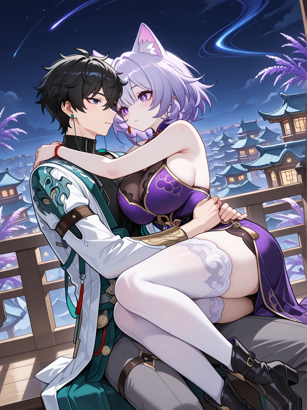honkai: star rail, 1 women, short bob lavender hair, cat ears on head, dark purple slit eyes, light skin, huge boobs, wearing xanzhou loufu dress with high knee white sock with heel boots, hugging 1 male Dan heng wearing xianzhou outfit, background xianzhou city
