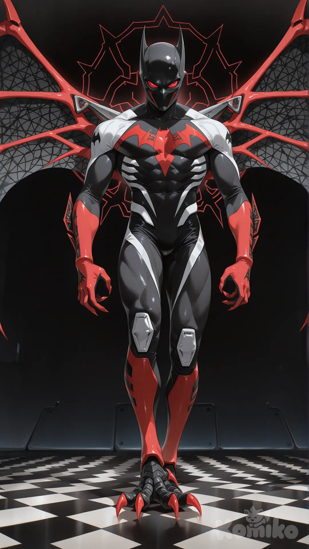 Batman Beyond’s color scheme (black with glowing red) Classic suit design (webbing motif, traditional emblem, cleaner hero aesthetic) 2099 (Into the Spider-Verse) (futuristic sharpness, talons, angular spider emblem) Here’s the full appearance breakdown for the hybrid redesign: --- 🕷️ Elliot’s Hybrid Spider Suit (Beyond × Classic × 2099) Overall Silhouette Athletic, lean but powerful build — more heroic shape, less like a demon-bat. Sleek nanotech surface with matte black as the base color, overlaid with crimson red highlights. --- Mask Classic mask shape, but with sharper 2099-style angles. Red eye lenses glowing faintly, longer like Garfield’s design but edged with Miguel’s predator sharpness. Black web-line motif faintly etched into the mask for that classic Spidey feel, but glowing only when stealth/camouflage activates. --- Chest & Emblem The classic spider emblem, stretched across the chest like Garfield’s but infused with 2099 angular styling. Crimson glowing spider emblem contrasts against the black torso. Red extends from emblem legs into shoulders and arms, like webbing circuits. --- Torso & Webbing Motif Retains classic ’s red web-pattern panels (chest, shoulders, and upper arms), but instead of bright red, it’s Batman Beyond crimson glowing softly. Lower torso and limbs remain jet-black with faint circuit-vein detailing (2099 vibe). --- Arms & Forearm Blades Red paneling on forearms with retractable 2099-style talons, slimmer and sleeker than Miguel’s. Crimson glow lines flow into the claws when deployed, giving them a high-tech edge. --- Back & Wings Wings are not tattered like a demon — instead, they’re sleek glider-web wings. Design echoes 2099’s red membrane wings, but infused with Batman Beyond’s sharp, angular silhouette. When folded, they blend into the black back emblem. --- Legs & Boots Black base with faint red trimming at calves and ankles (a nod to the classic red boots). No chunky armor, just sleek nanotech plating with crimson energy glow nodes at the knees. --- Color Scheme & Finish Primary: Jet-black matte Secondary: Crimson glowing panels (Beyond + 2099 fusion) Accents: Thin etched web-patterns from the classic suit, only visible when light hits or in stealth mode (like hidden circuitry). --- Atmosphere This suit strikes a balance: Predatory and futuristic like 2099 Heroic and instantly recognizable like the classic Spidey suit Dark and sleek like Batman Beyond Elliot looks less like a nightmarish demon and more like a future perfected — the predator who is still unmistakably . ---, [high-gloss-illustration-style]