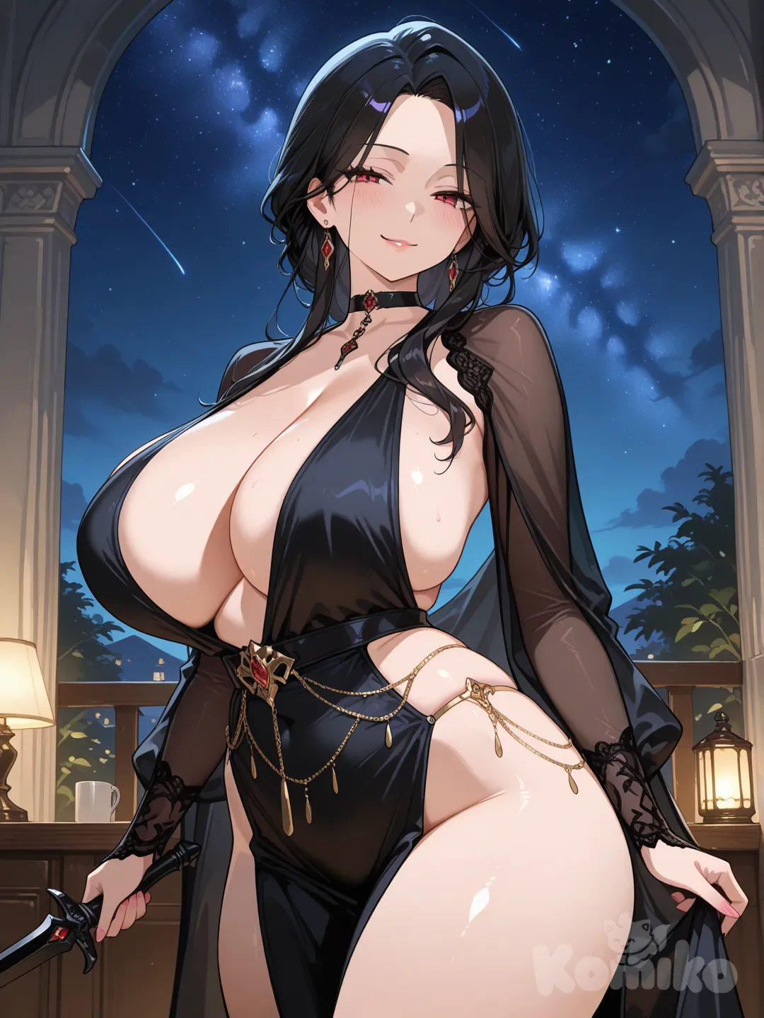 ancient sexy dress, assassin, seductive smile, short hair, blacm hair, red eyes, huge breasts, mature female, sexy body, holding dagger, black dagger mythical weapon, beautiful woman, black choker, night sky