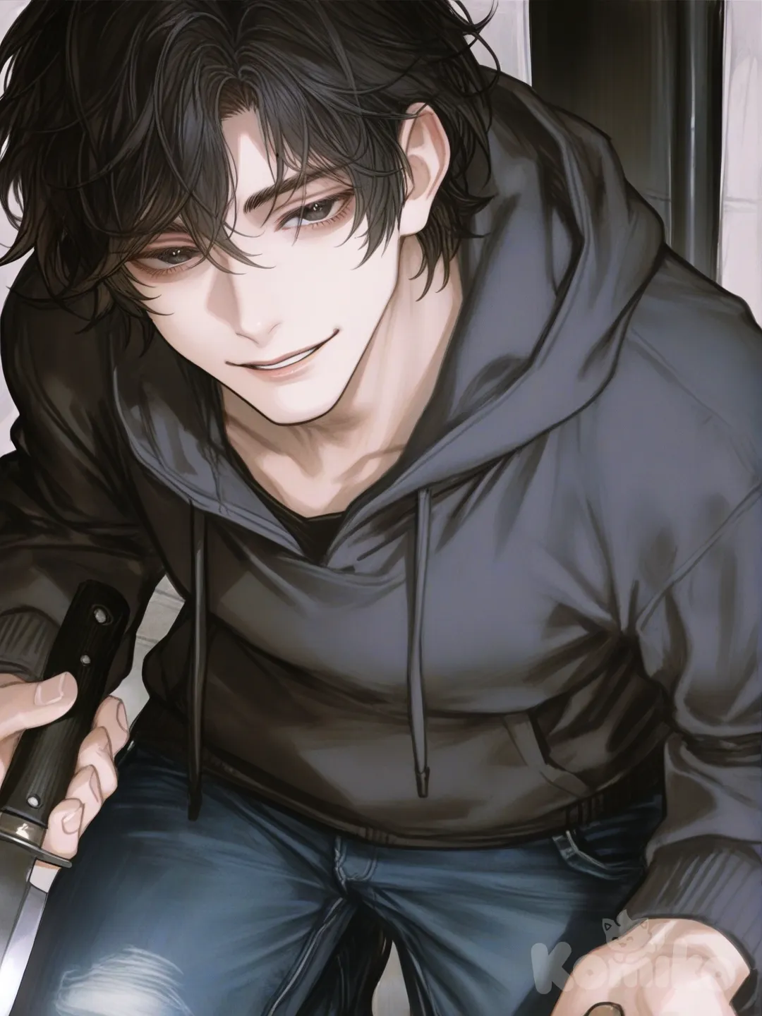 male focus, absurdres, pale skin, black hair, black eyes, hoodie, jeans, holding black knife, handsome man, mature male, smiling, [semi-realistic-portrait-style]