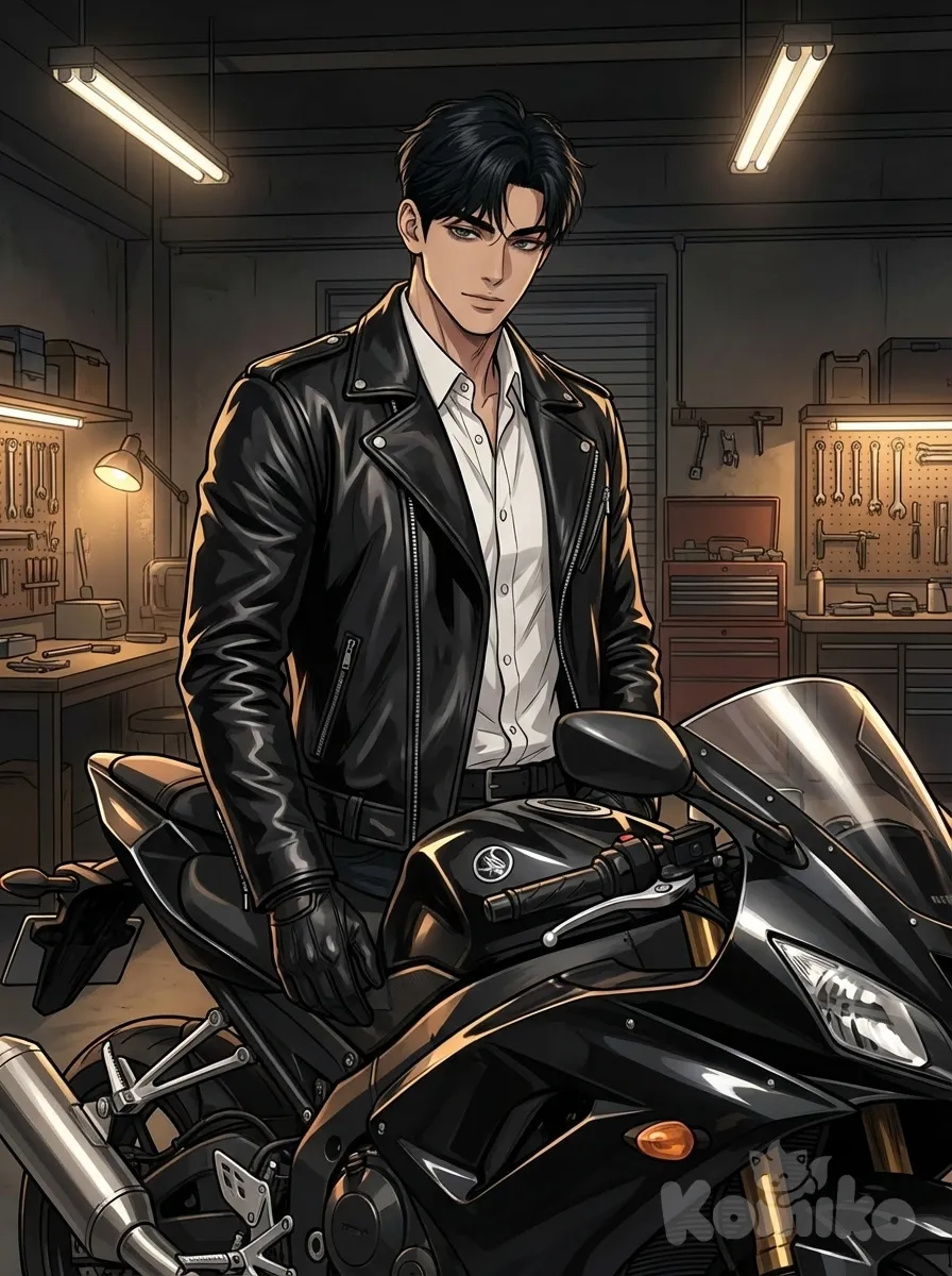 leather jacket, white shirt, black gloves, black motorcycle, garage