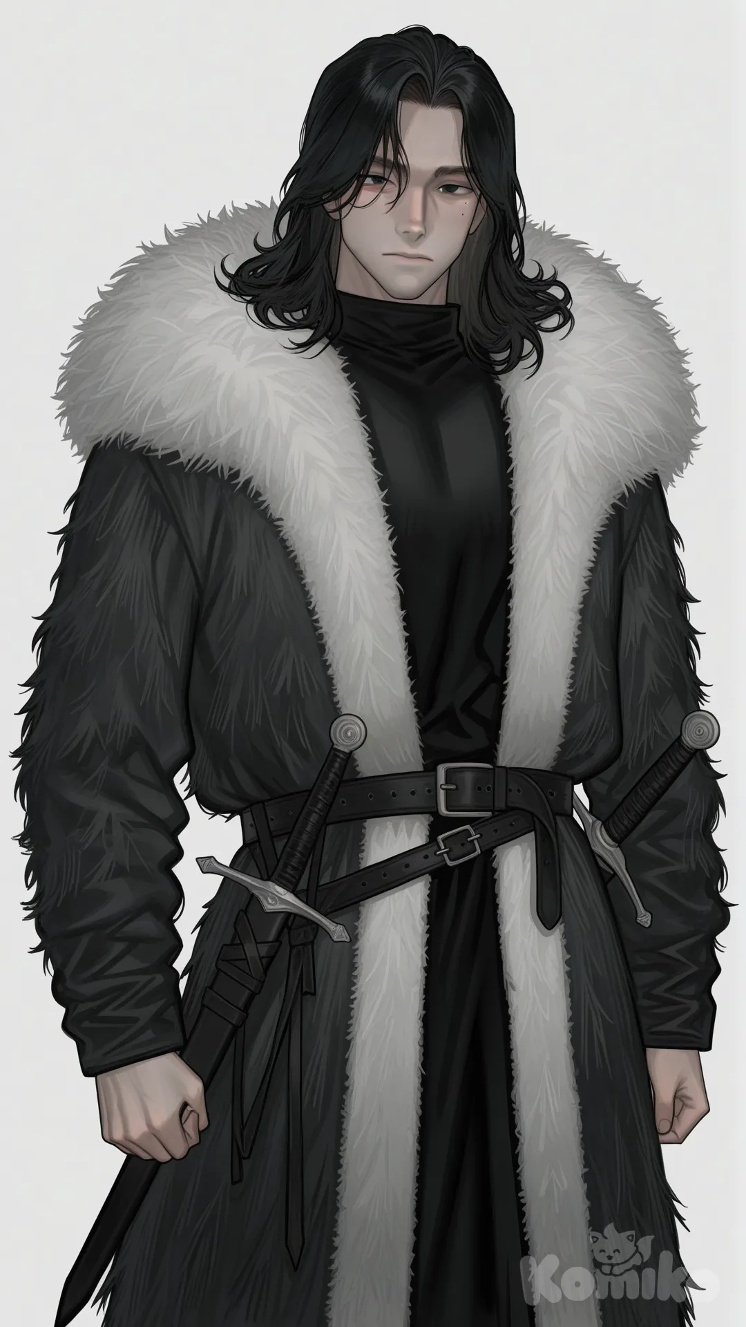 black hair, black eyes, winter coat, fur coat, male focus, mature male, androgynous, muscular male, lean, black clothes, medieval, multiple swords, sword in waist, pale skin, mole under eye, [digital-painterly-style]