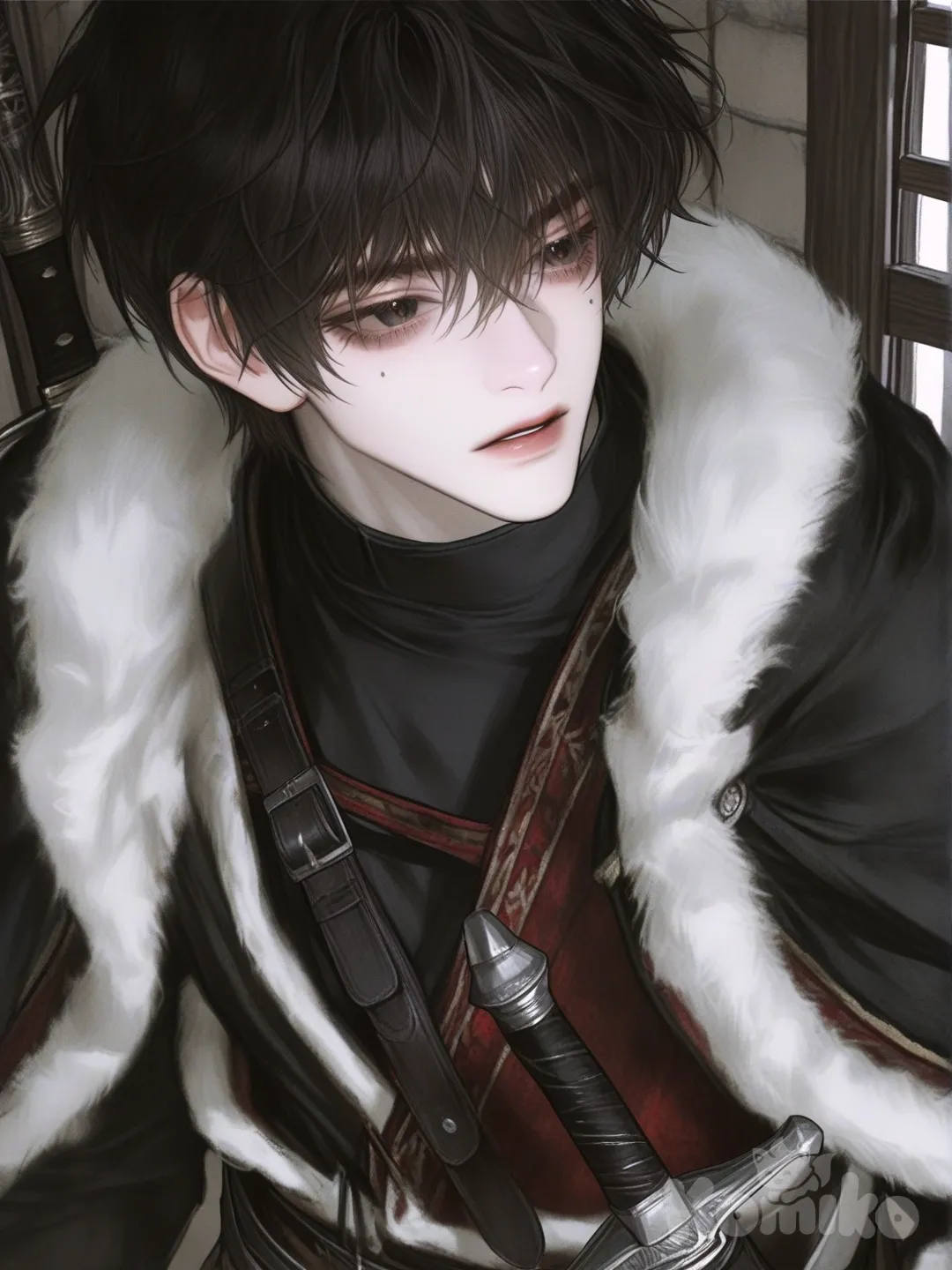 black hair, black eyes, winter coat, fur coat, male focus, mature male, androgynous, muscular male, lean, black clothes, medieval, multiple swords, sword in waist, pale skin, mole under eye, [semi-realistic-portrait-style]