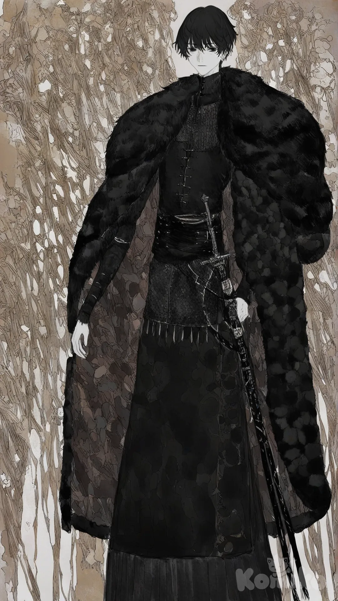 black hair, black eyes, winter coat, fur coat, male focus, mature male, androgynous, muscular male, lean, black clothes, medieval, multiple swords, sword in waist, pale skin, mole under eye, [faded-sketchy-lines-style]