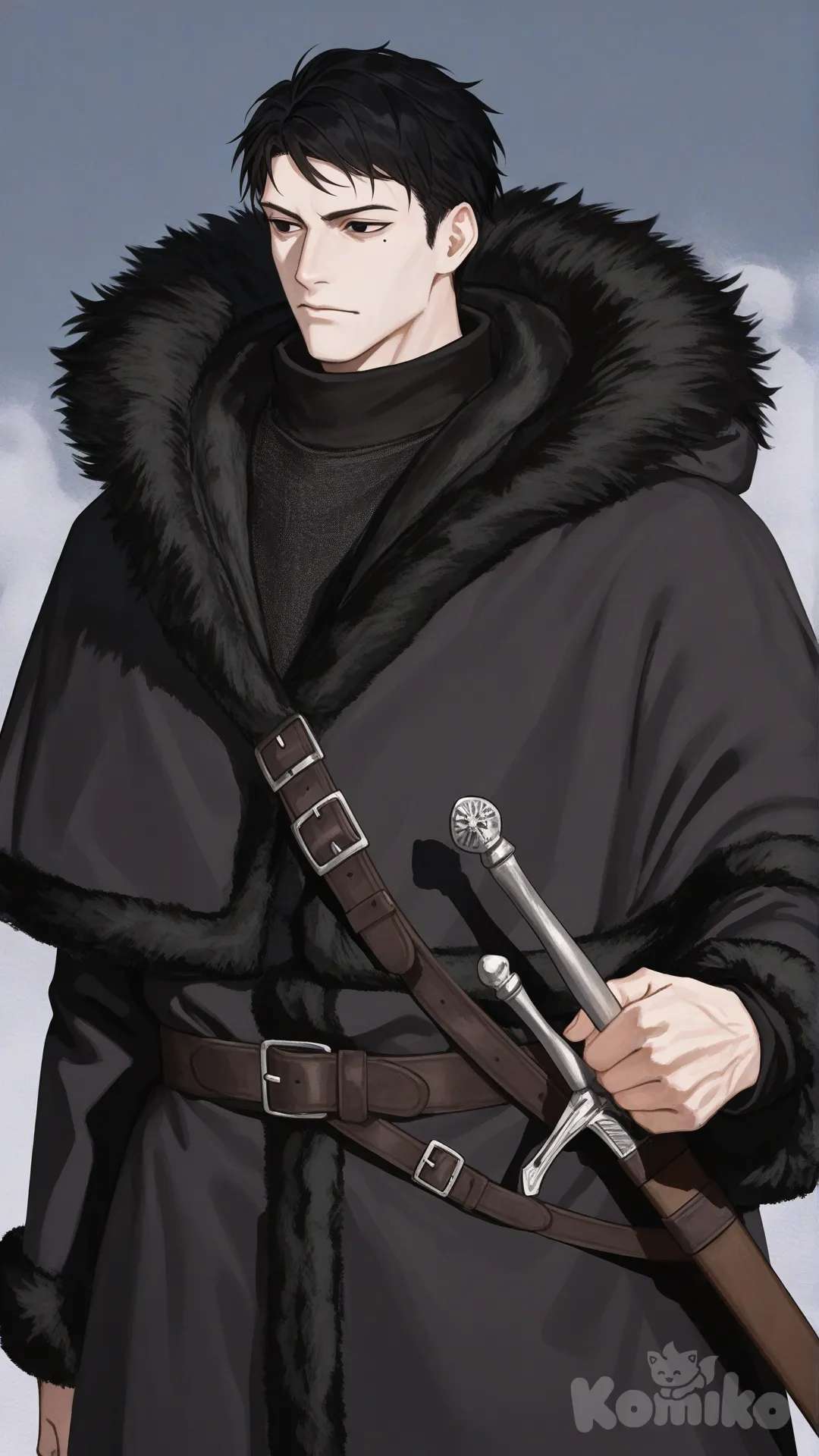 black hair, black eyes, winter coat, fur coat, male focus, mature male, androgynous, muscular male, lean, black clothes, medieval, multiple swords, sword in waist, pale skin, mole under eye, 3d, anime coloring, [serious-man-style]