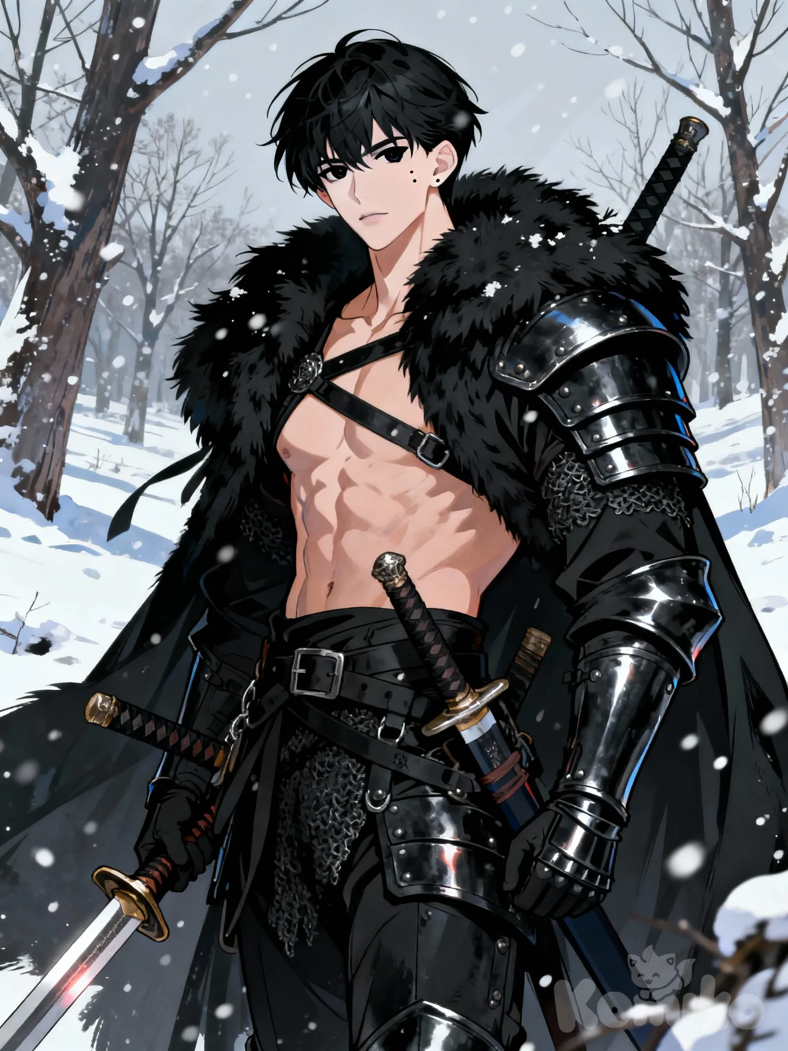 black hair, black eyes, winter coat, fur coat, male focus, mature male, androgynous, muscular male, lean, black clothes, medieval, multiple swords, sword in waist, pale skin, mole under eye, webtoon, manhwa, winter, black armor