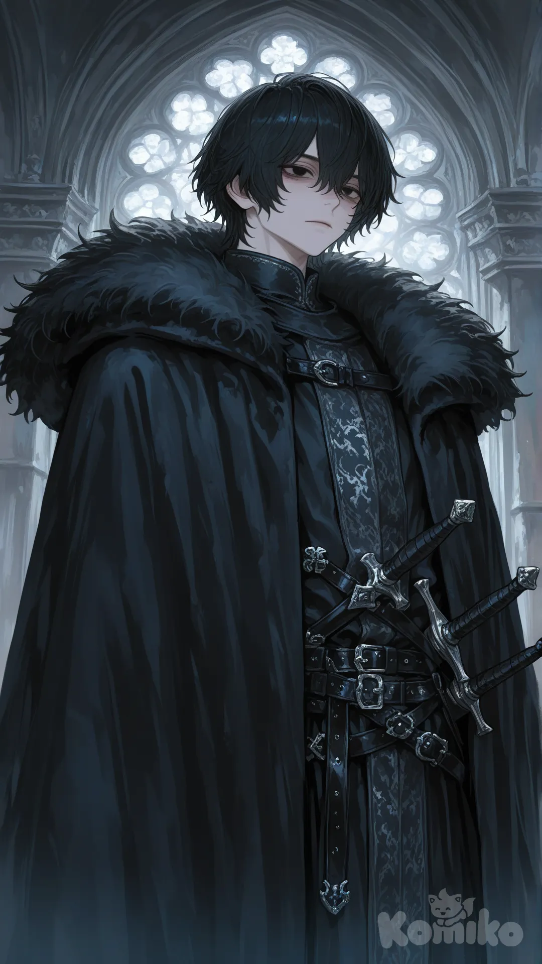 black hair, black eyes, winter coat, male focus, mature male, androgynous, muscular male, lean, black clothes, medieval, multiple swords, sword in waist, pale skin, mole under eye, medieval, fantasy, [sensual-glossy-style]
