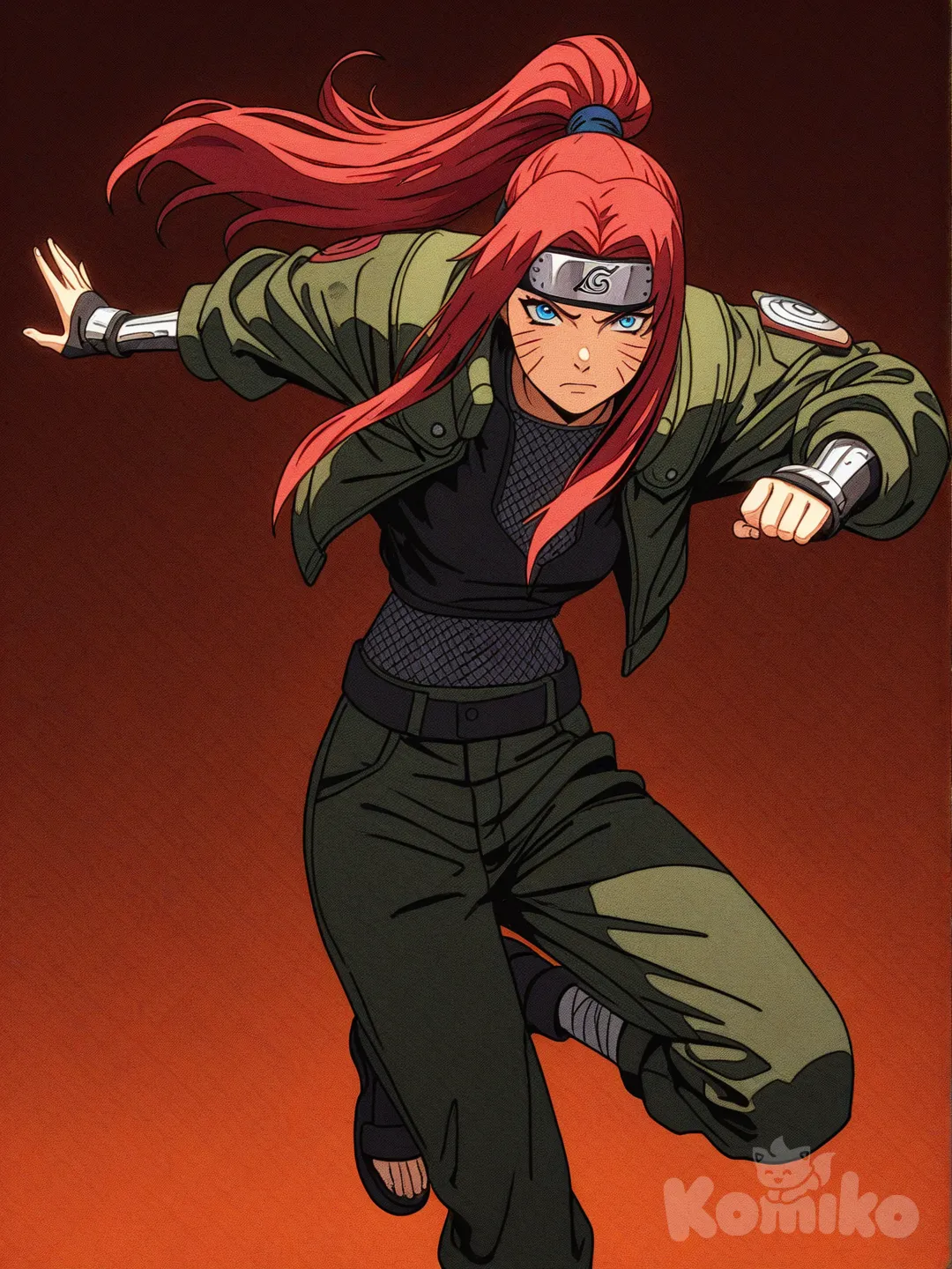 Minha oc para o anime Naruto, Kira uzumaki 19 anos menina criança cabelo vermelho liso amarrado, olho azul , pele clara ela possui tipo bigodes nas bochechas, um em cada lado, é uma ninja jounin aldeia da Folha,anime, [action-manga-style]