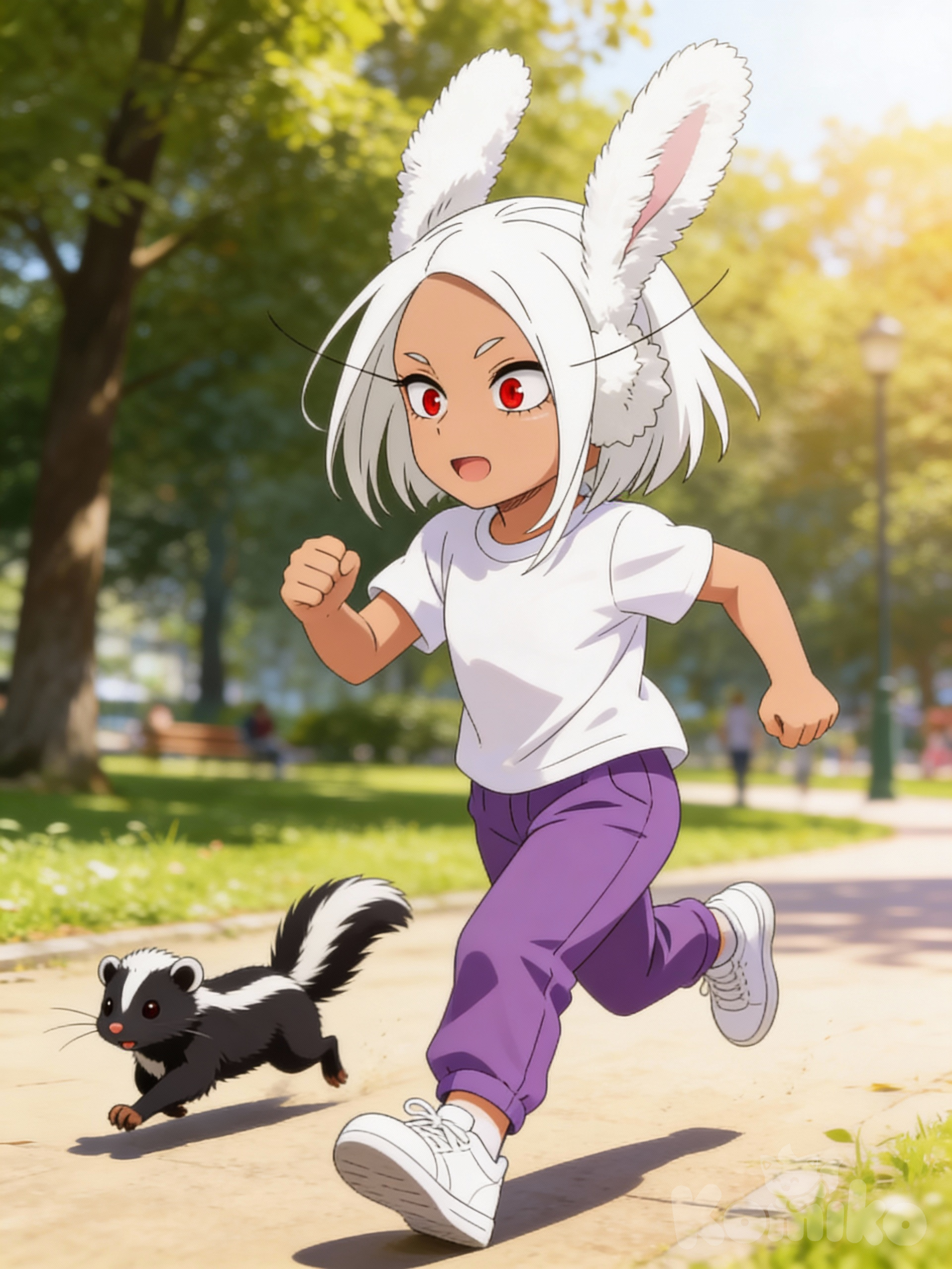 a five year old bunny girl with short white hair and white bunny ears and red eyes wearing a white tee shirt with purple pants and white sneakers and a pet skunk running at a park.