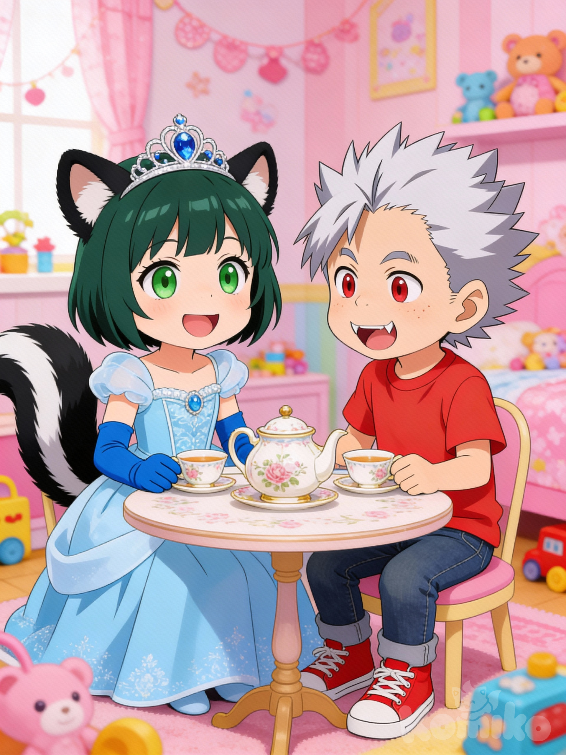 A five year old boy with light grey spiky hair and red eyes, wearing a red tee shirt and jeans with red sneakers, and a five year old skunk girl with short dark green hair and green eyes, wearing a light blue princess dress with blue gloves, and a silver tiara with blue gems sit at a small round table with a vintage tea set having a tea party in a girls room.
