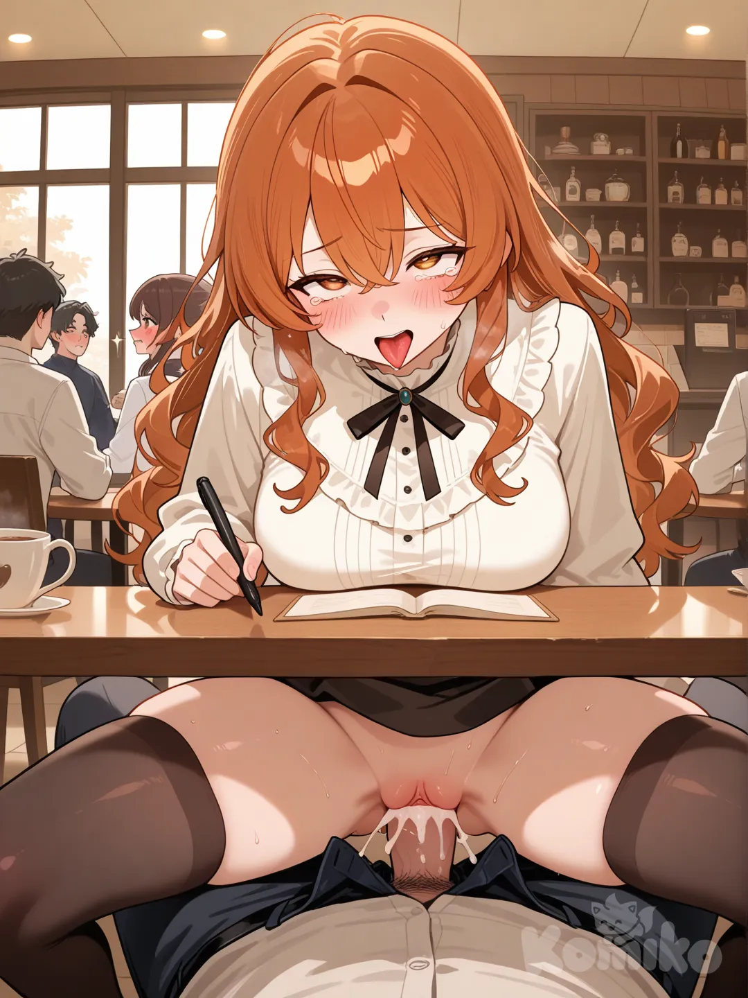 hentai, beautiful fat girl, wavy hair, being raped by a handsome male, indoor cafe table, sitting on lap penetration, ahegao, tears, blush, customers staring, cumdrip under table