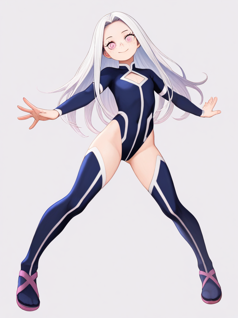 1girl, demon slayer style, my hero academia style, teenager, tall, slim, white hair, straight hair, long hair, pink eyes, freckles, single character, full body, looking at viewer, simple background, white background