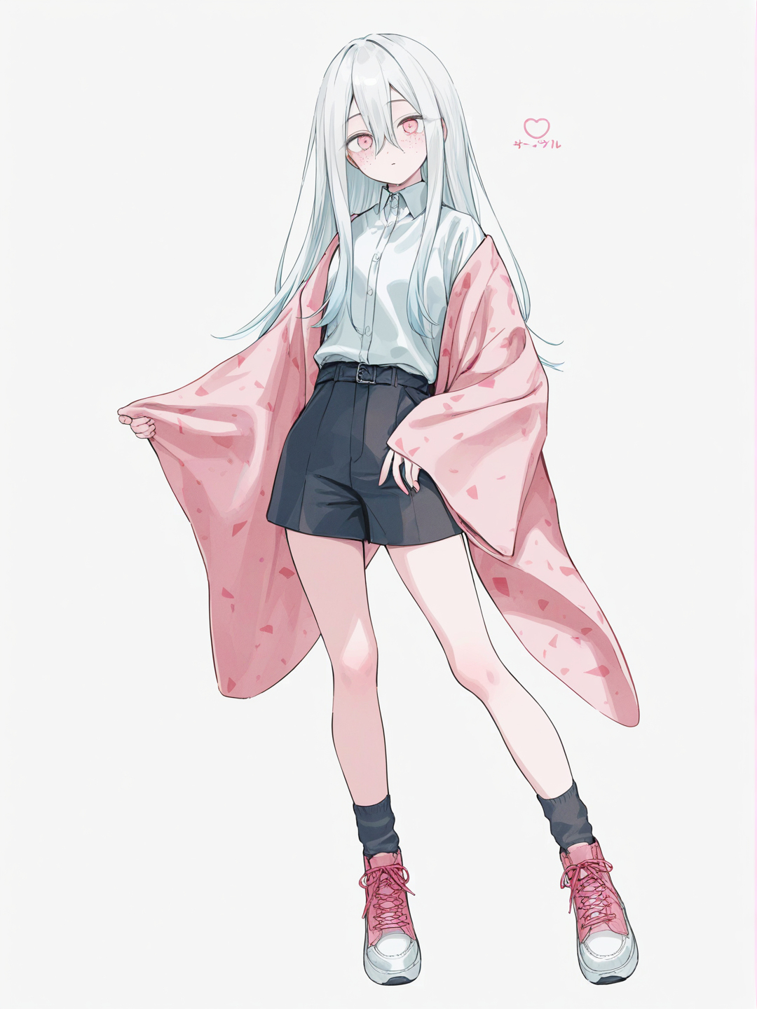 [soft-pastel-style] 1girl, demon slayer style, my hero academia style, teenager, tall, slim, white hair, straight hair, long hair, pink eyes, freckles, single character, full body, looking at viewer, simple background, white background