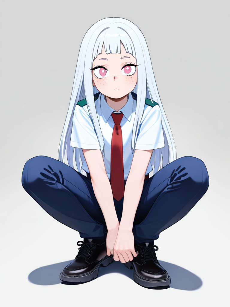 1girl, demon slayer style, my hero academia style, teenager, tall, slim, white hair, straight hair, long hair, pink eyes, freckles, single character, full body, looking at viewer, simple background, white background