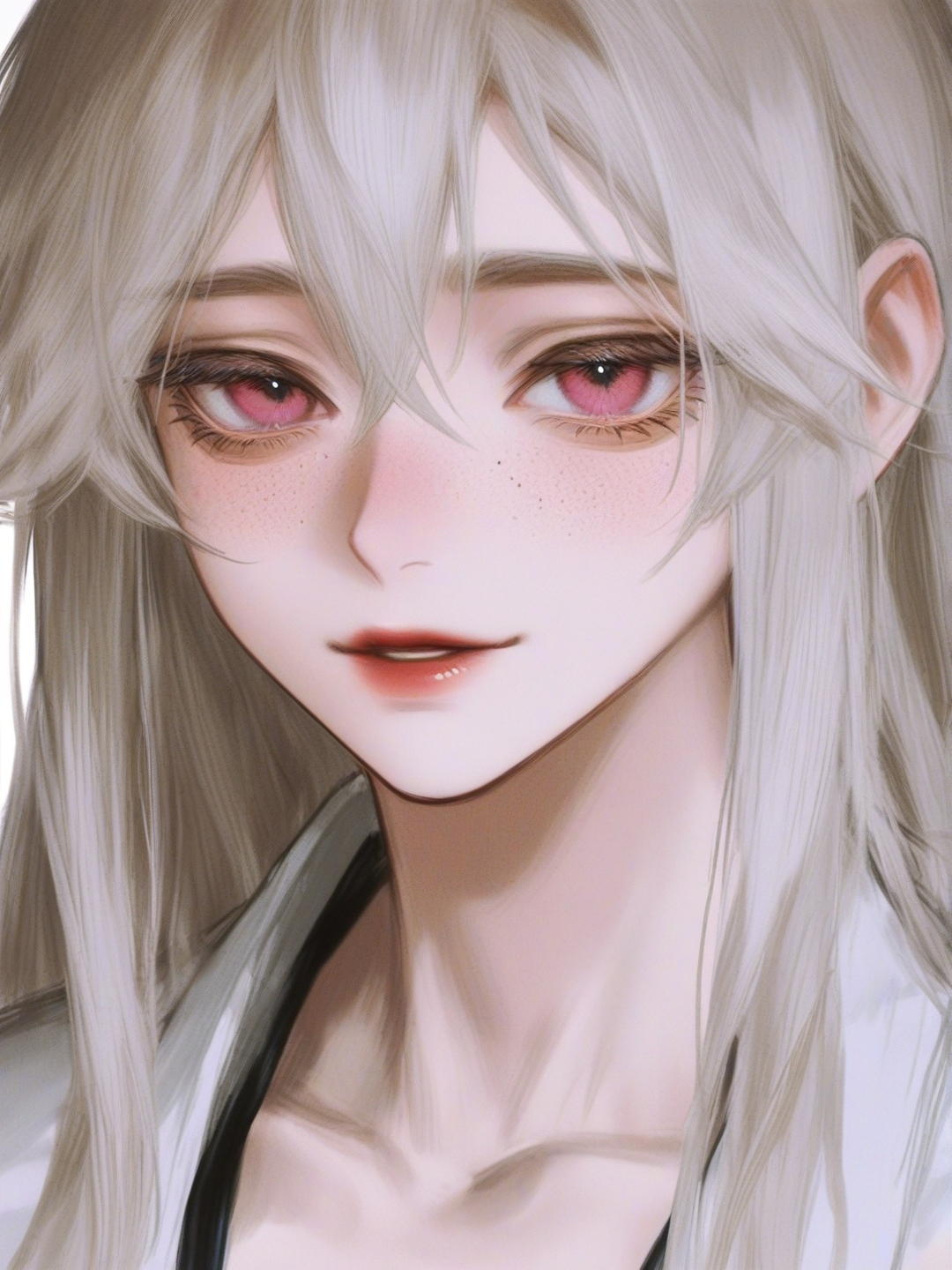 [semi-realistic-portrait-style] 1girl, demon slayer style, my hero academia style, teenager, tall, slim, white hair, straight hair, long hair, pink eyes, freckles, single character, full body, looking at viewer, simple background, white background