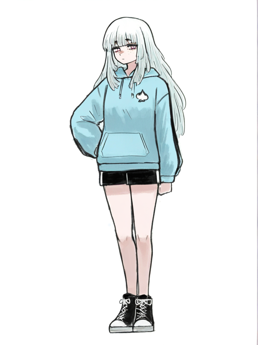 [sketchy-painterly-style] 1girl, demon slayer style, my hero academia style, teenager, tall, slim, white hair, straight hair, long hair, pink eyes, freckles, single character, full body, looking at viewer, simple background, white background