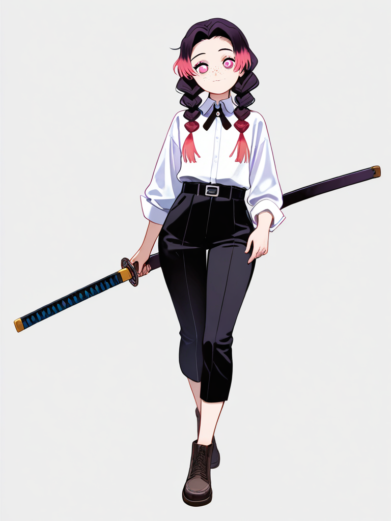 1girl, demon_slayer_style, teenager, slim, curvy, off-white_hair, maroon_hair, pink_eyes, freckles, single character, full body, looking at viewer, simple background, white background