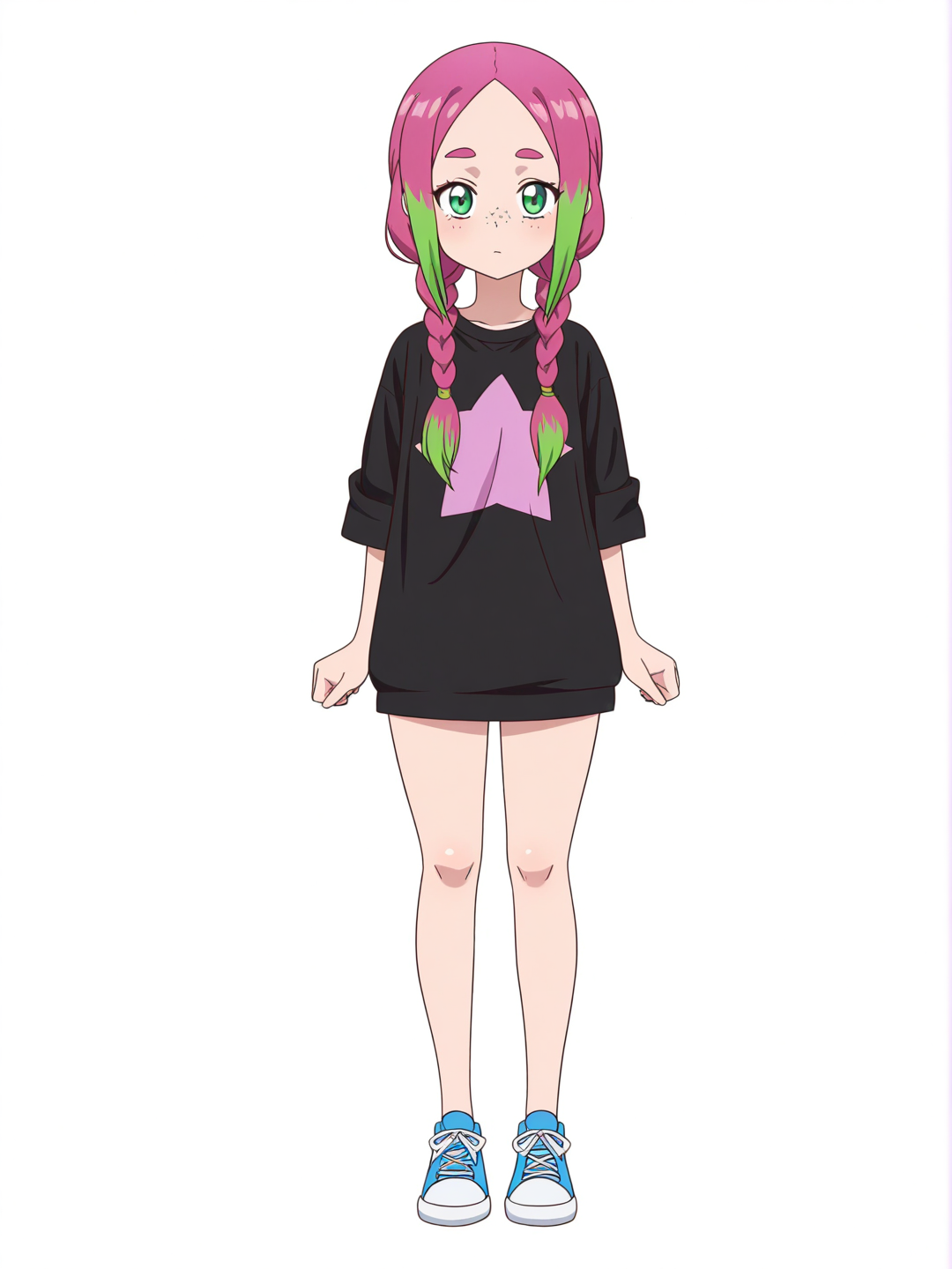 [pop-anime-style] 1girl, teenager, slim, curvy, side-parted hair, long hair, braids, pink hair, green hair, green eyes, freckles, fair skin, single character, full body, looking at viewer, anime style, simple background, white background