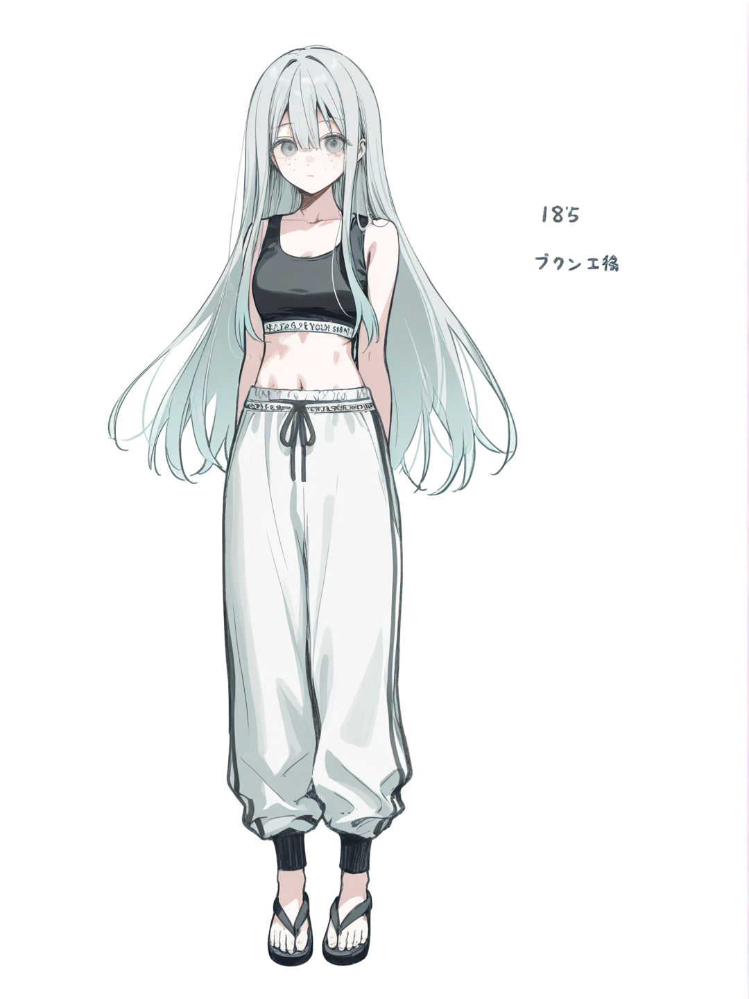 [soft-pastel-style] 1girl, demon slayer style, furry, teenager, muscular, slim, tall, silver hair, straight hair, ankle-length hair, grey eyes, freckles, crop top, single character, full body, looking at viewer, simple background, white background