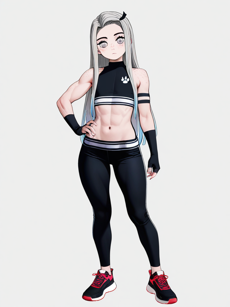 1girl, demon slayer style, furry, teenager, muscular, slim, tall, silver hair, straight hair, ankle-length hair, grey eyes, freckles, crop top, single character, full body, looking at viewer, simple background, white background