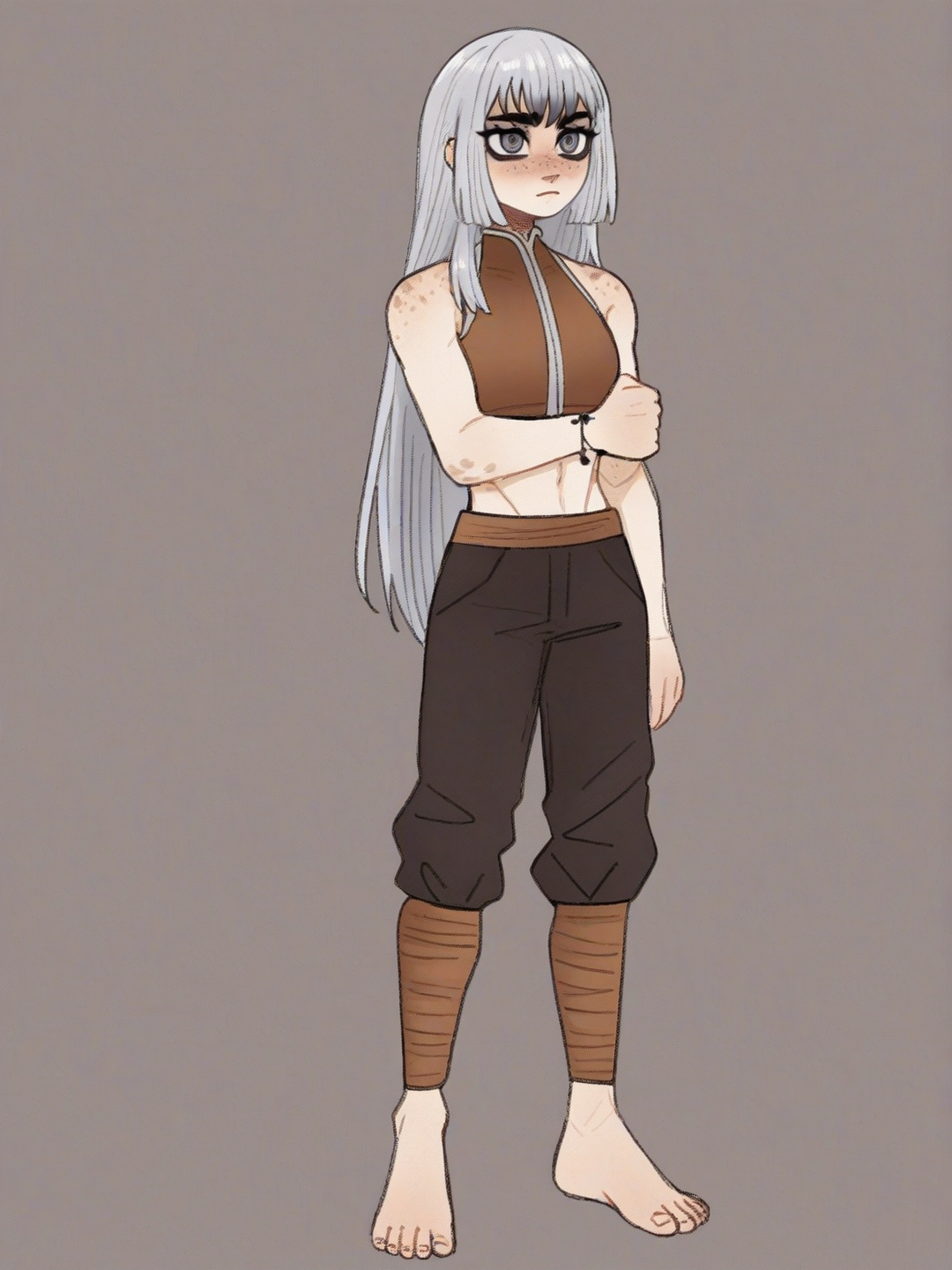 [soft-shaded-moe-style] 1girl, demon slayer style, furry, teenager, muscular, slim, tall, silver hair, straight hair, ankle-length hair, grey eyes, freckles, crop top, single character, full body, looking at viewer, simple background, white background